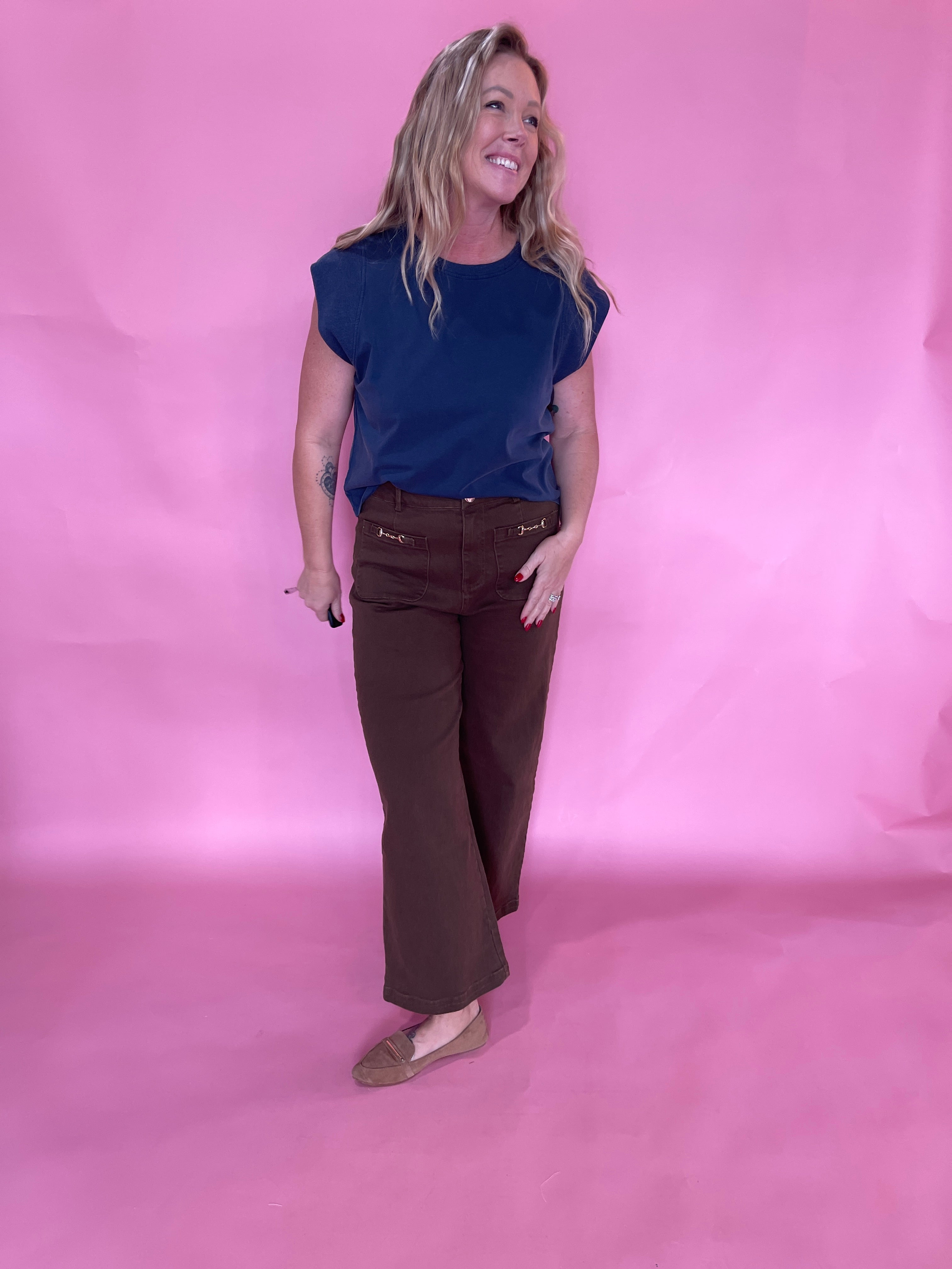 Ribbed Trim Cap Sleeve Top in Indigo