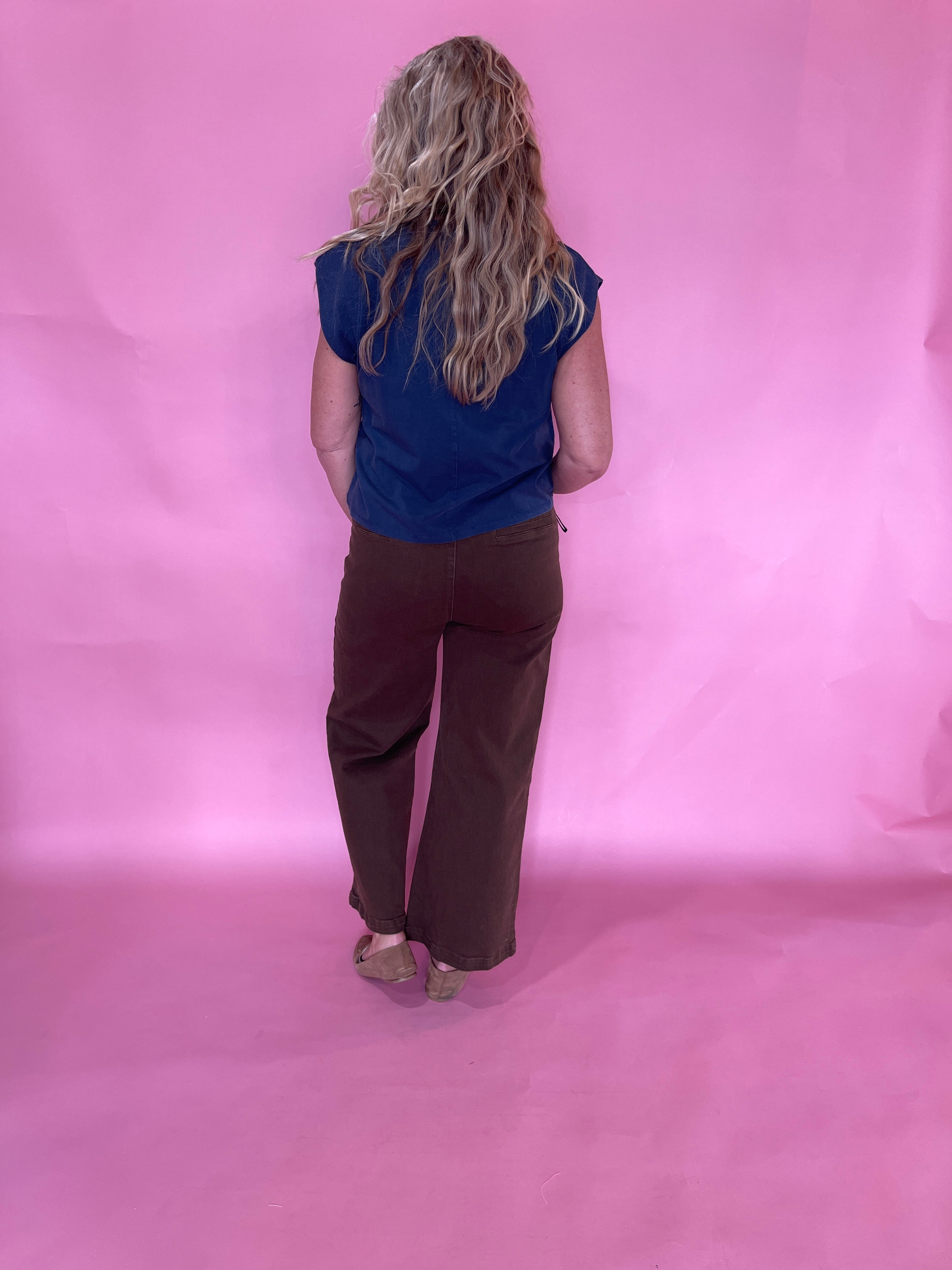 Ribbed Trim Cap Sleeve Top in Indigo
