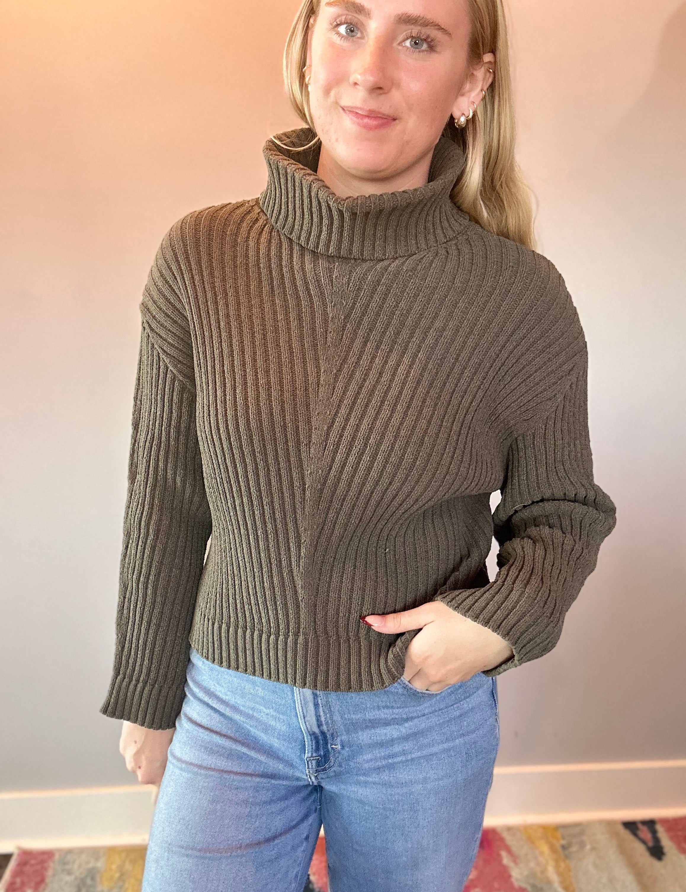Ribbed Turtleneck Sweater in Olive - Shabby 2 Chic Boutiques