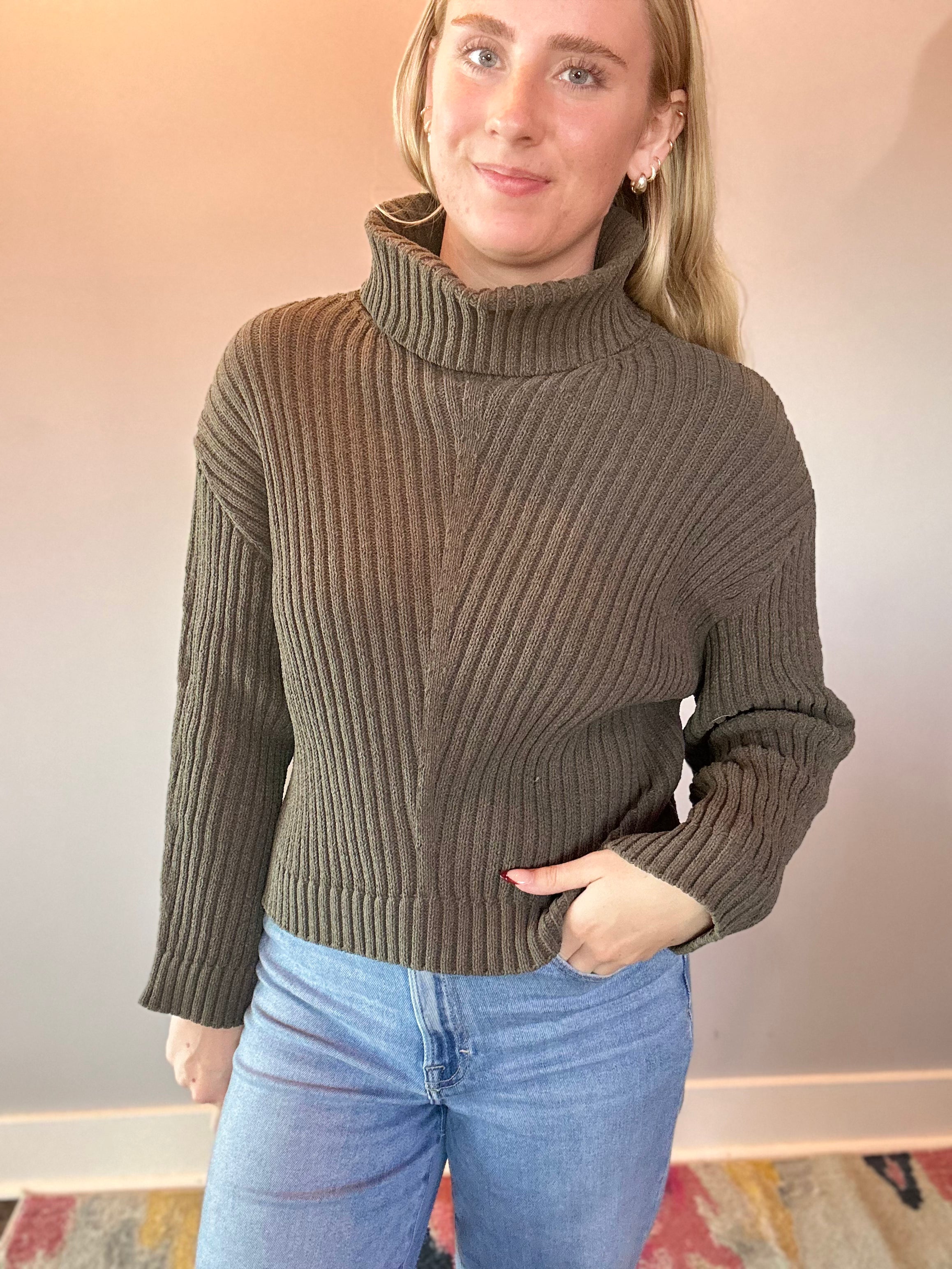 Ribbed Turtleneck Sweater in Olive - Shabby 2 Chic Boutiques