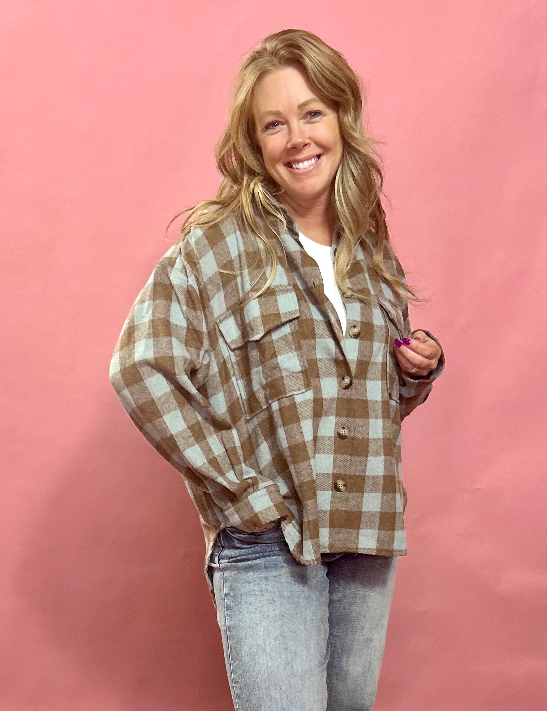 Rustic Hay Bales Plaid Button Down Top