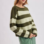 Close-up of the sleeve and shoulder on the brown and sky striped cozy knit boatneck sweater