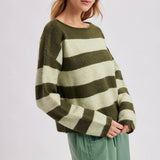 Close-up of the sleeve and shoulder on the brown and sky striped cozy knit boatneck sweater