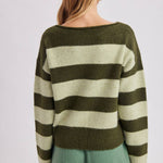 Detail of the soft knit texture and stripe repeat on the brown and sky blue boatneck sweater