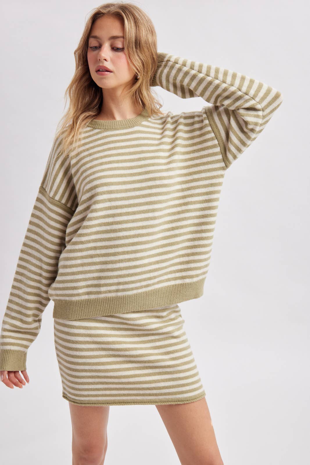 Sage Striped Knit Two Piece Sweater Set