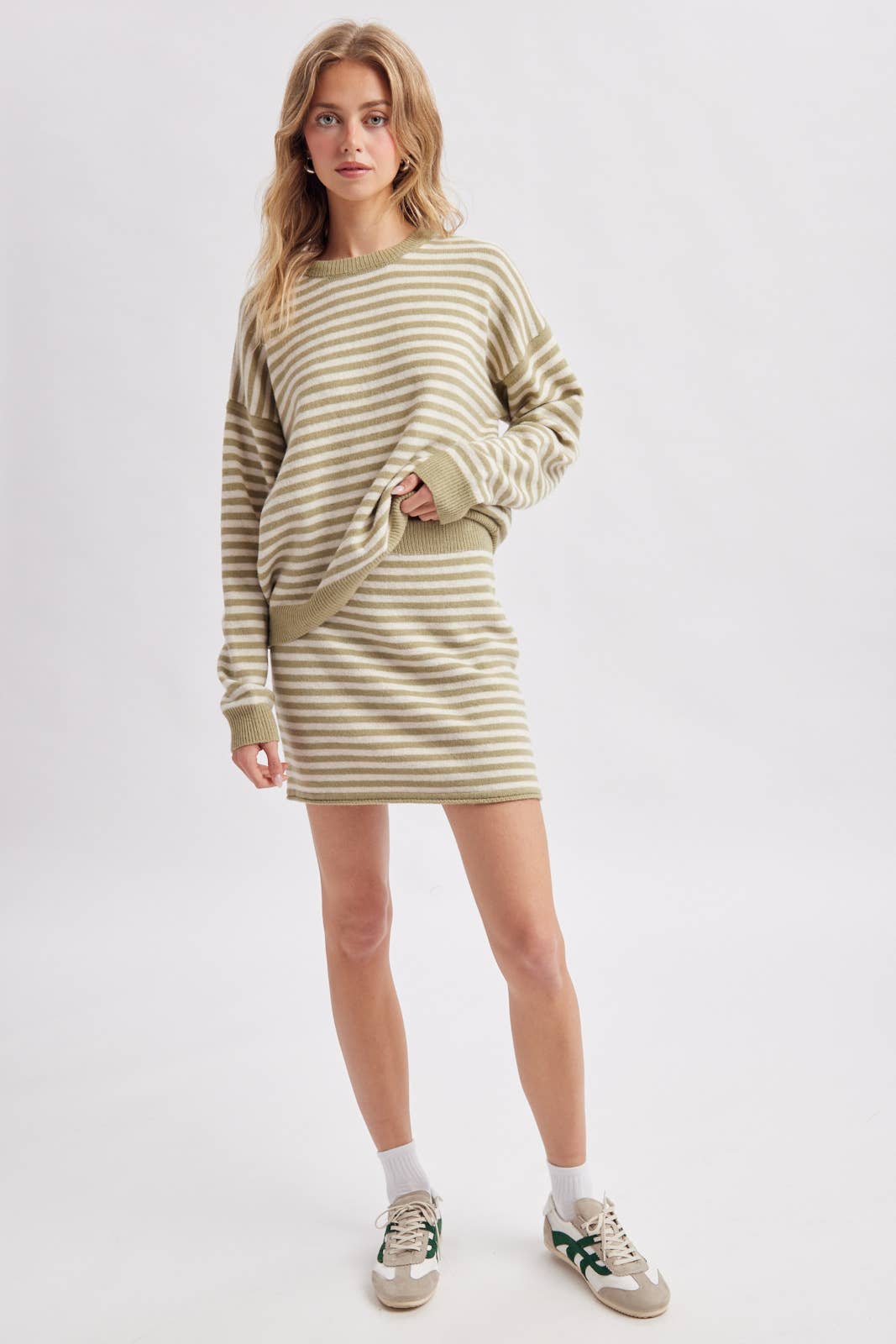 Sage Striped Knit Two Piece Sweater Set