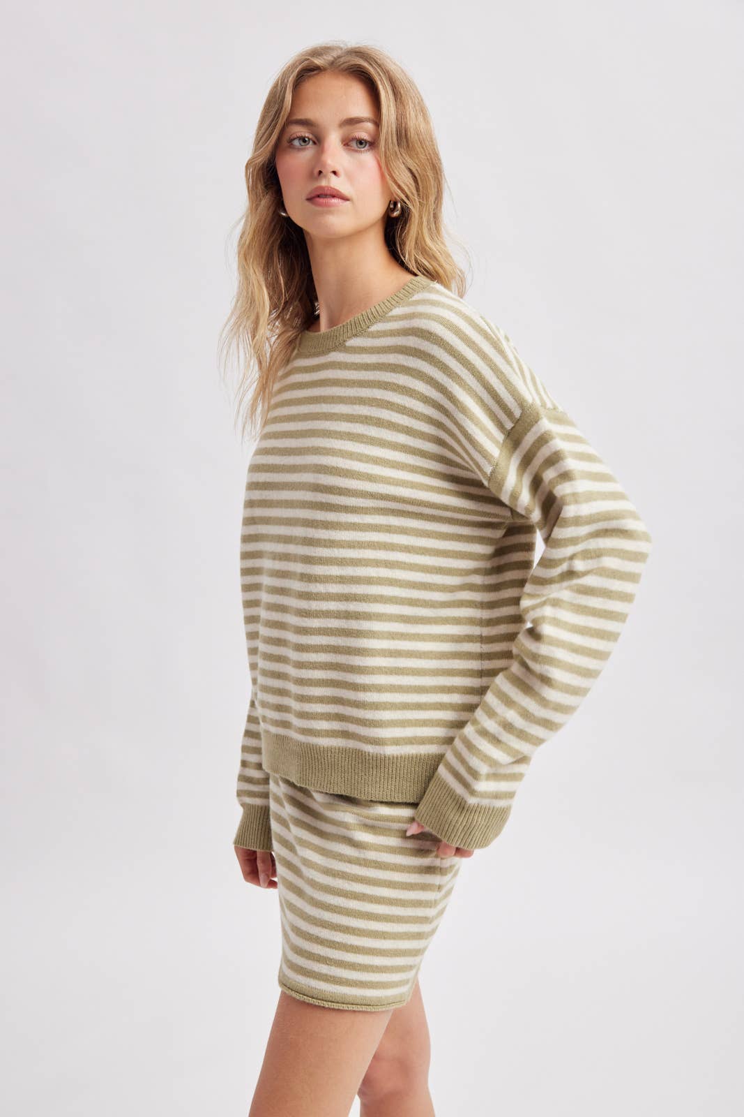 Sage Striped Knit Two Piece Sweater Set