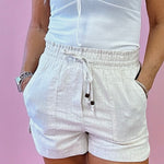 Sail Away Linen Blend High Waist Drawstring Shorts in Taupe