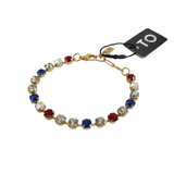Stretch bracelet with bright red, white, and blue crystal stones for an Americana look