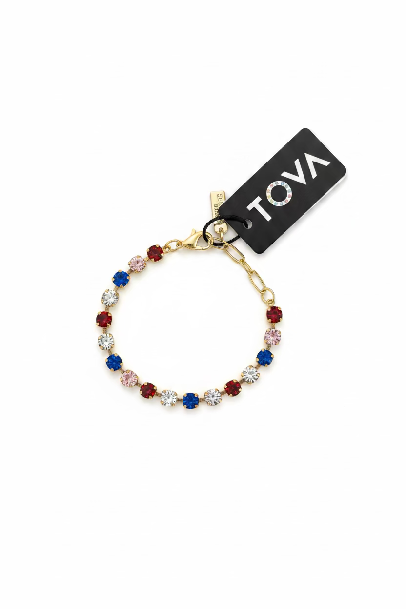 Close-up of the red, white, and blue crystal stones set along the Sarina stretch bracelet