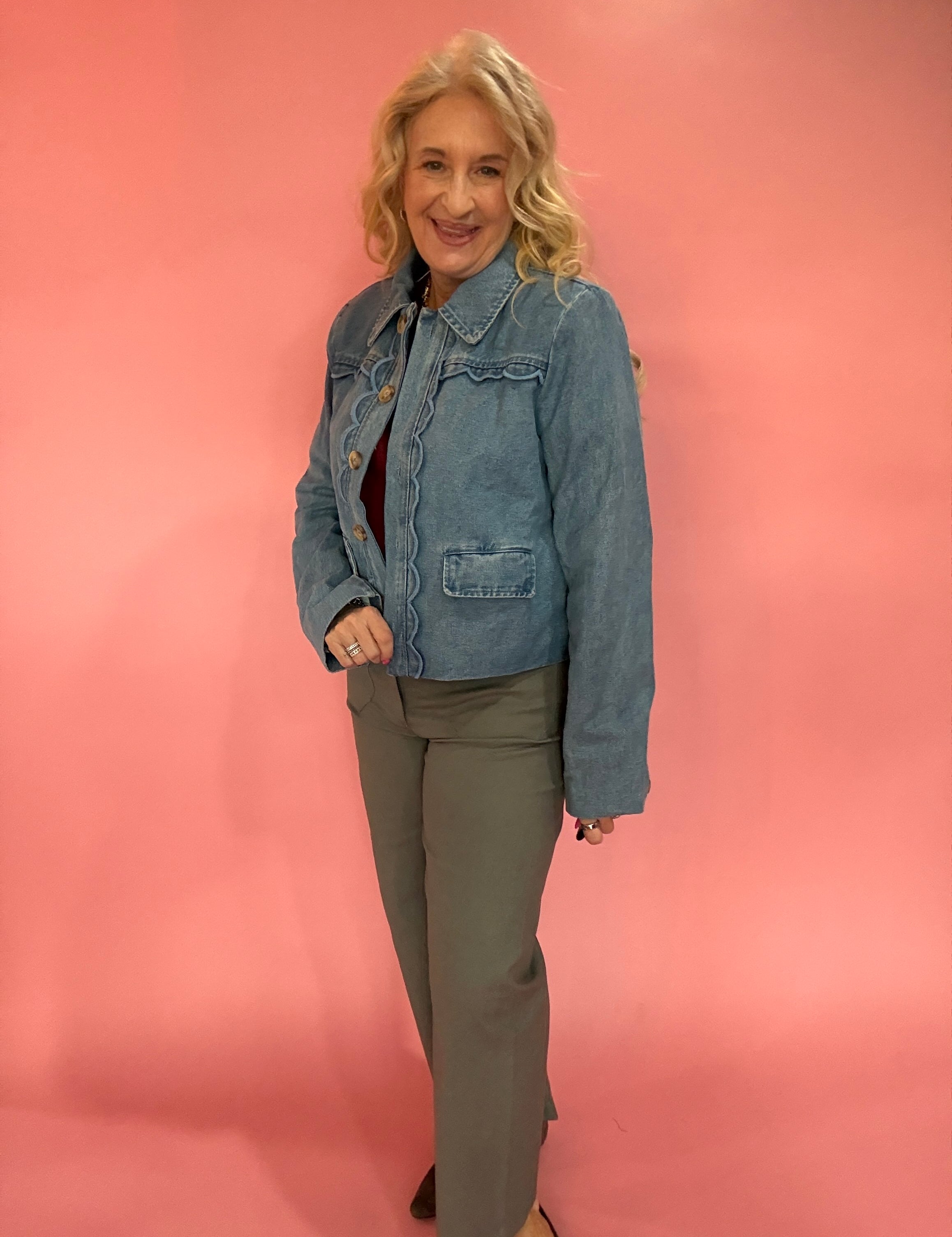 Scalloped Cropped Denim Jacket in Blue