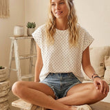 White scuba knit top with polka dot print, cap sleeves and relaxed fit – Shabby 2 Chic Boutiques