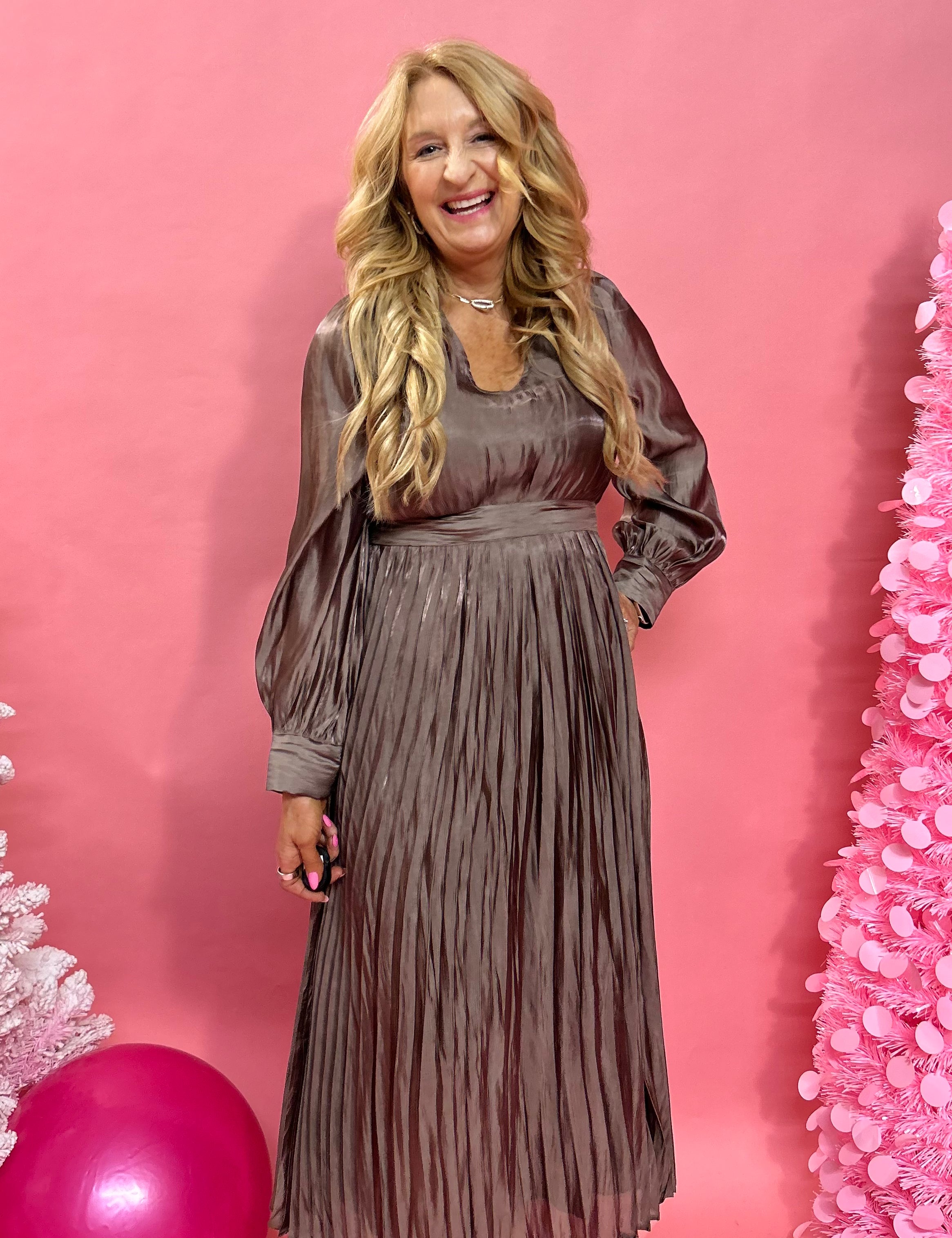 Serena Satin Pleated Shirred Midi Dress in Mocha