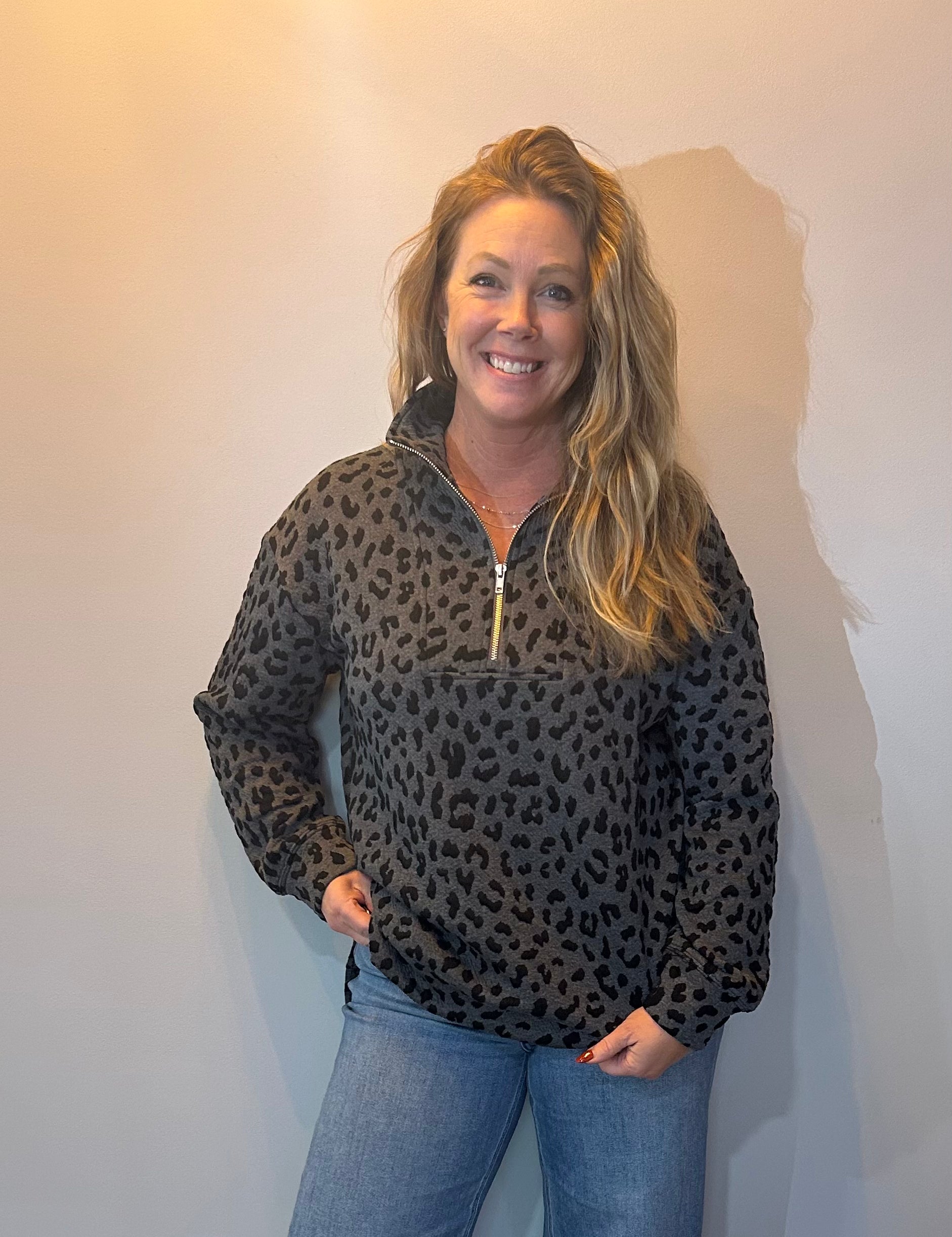 Shadow Cheetah Quarter-Zip Pullover — Grey