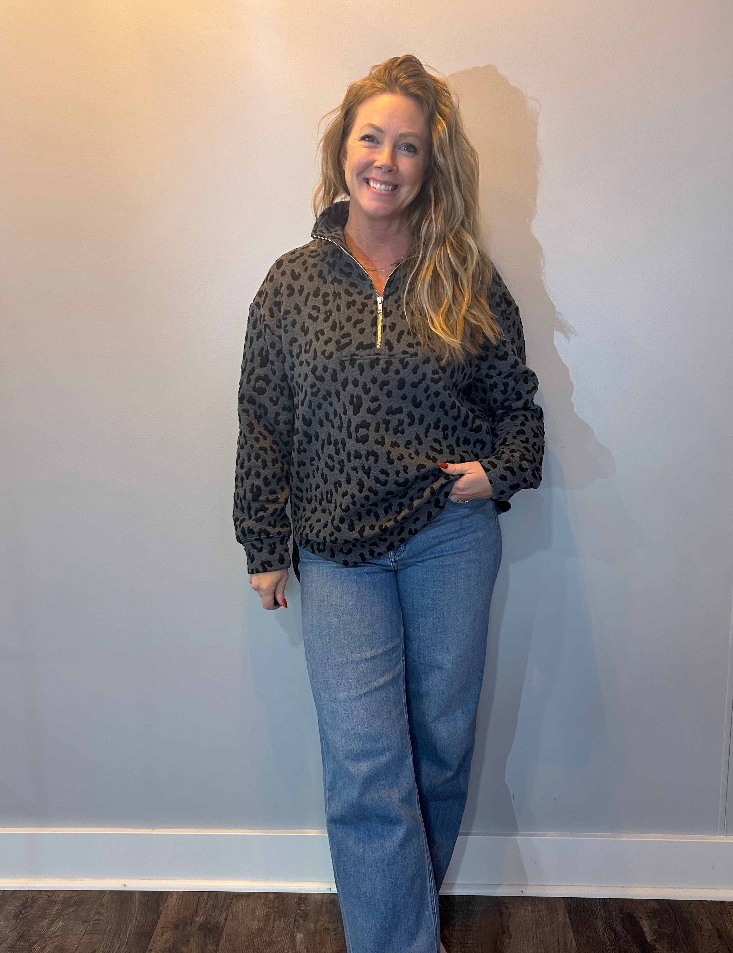 Shadow Cheetah Quarter-Zip Pullover — Grey