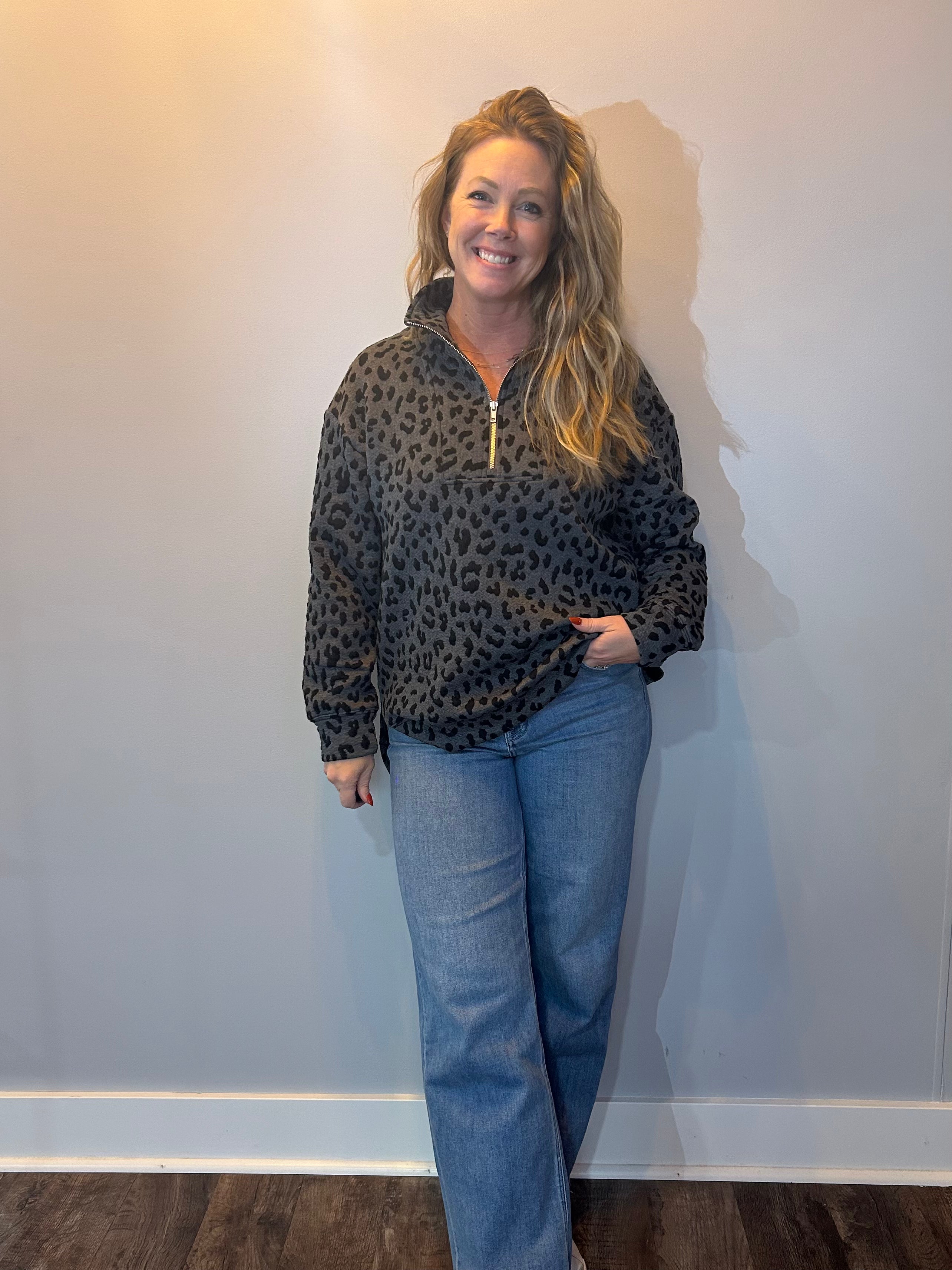 Shadow Cheetah Quarter-Zip Pullover — Grey