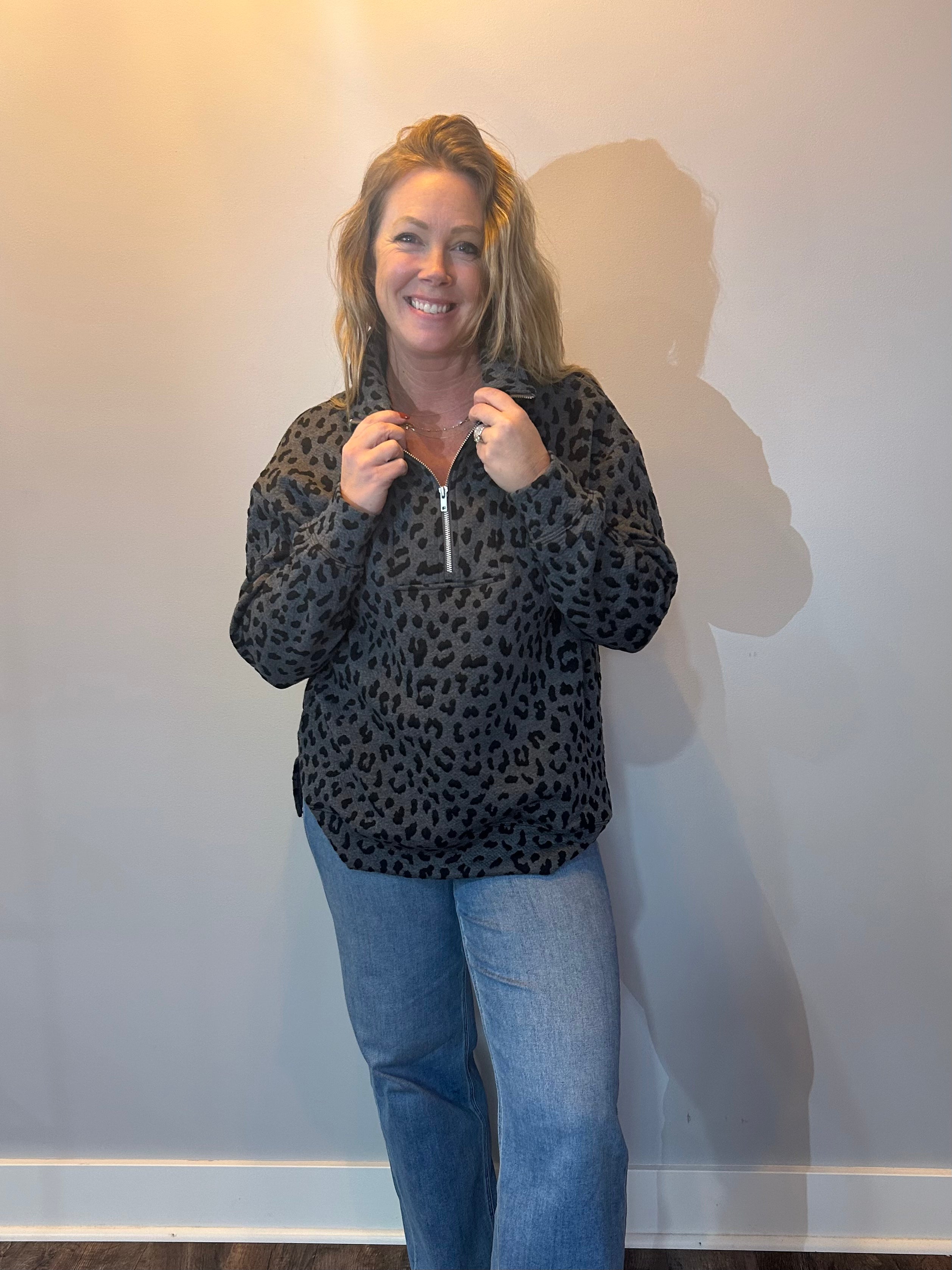 Shadow Cheetah Quarter-Zip Pullover — Grey