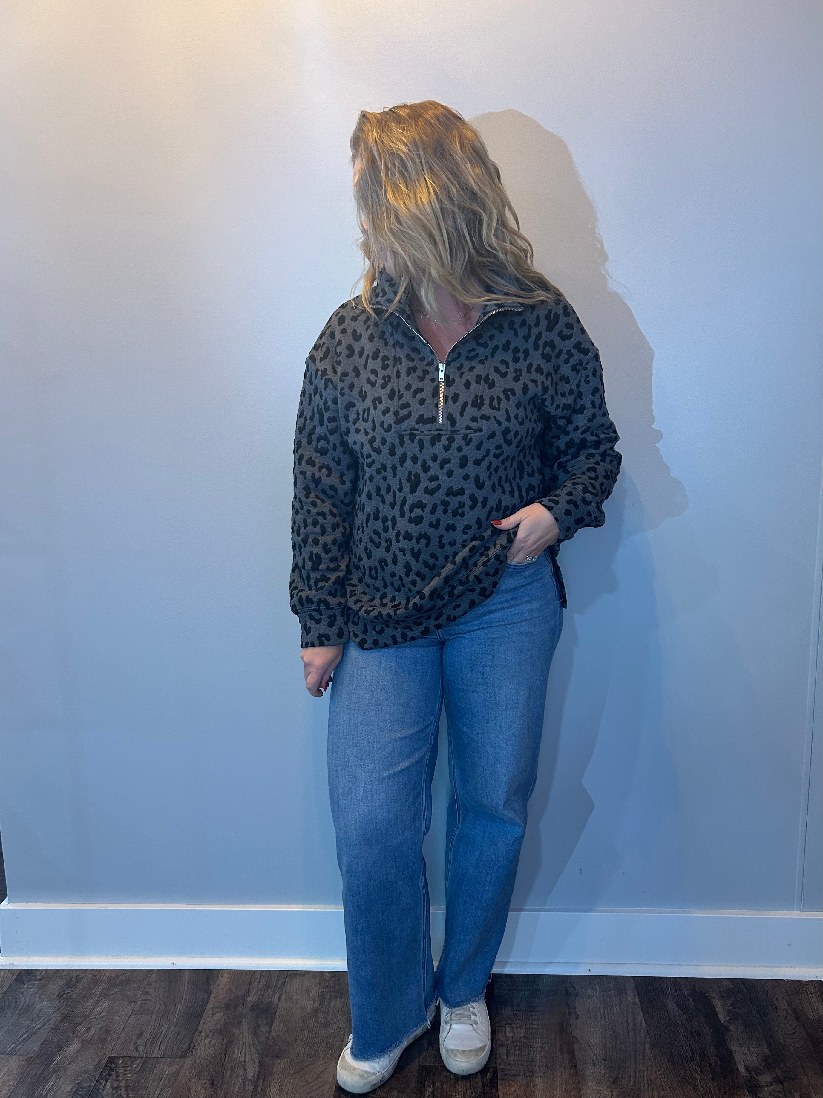 Shadow Cheetah Quarter-Zip Pullover — Grey