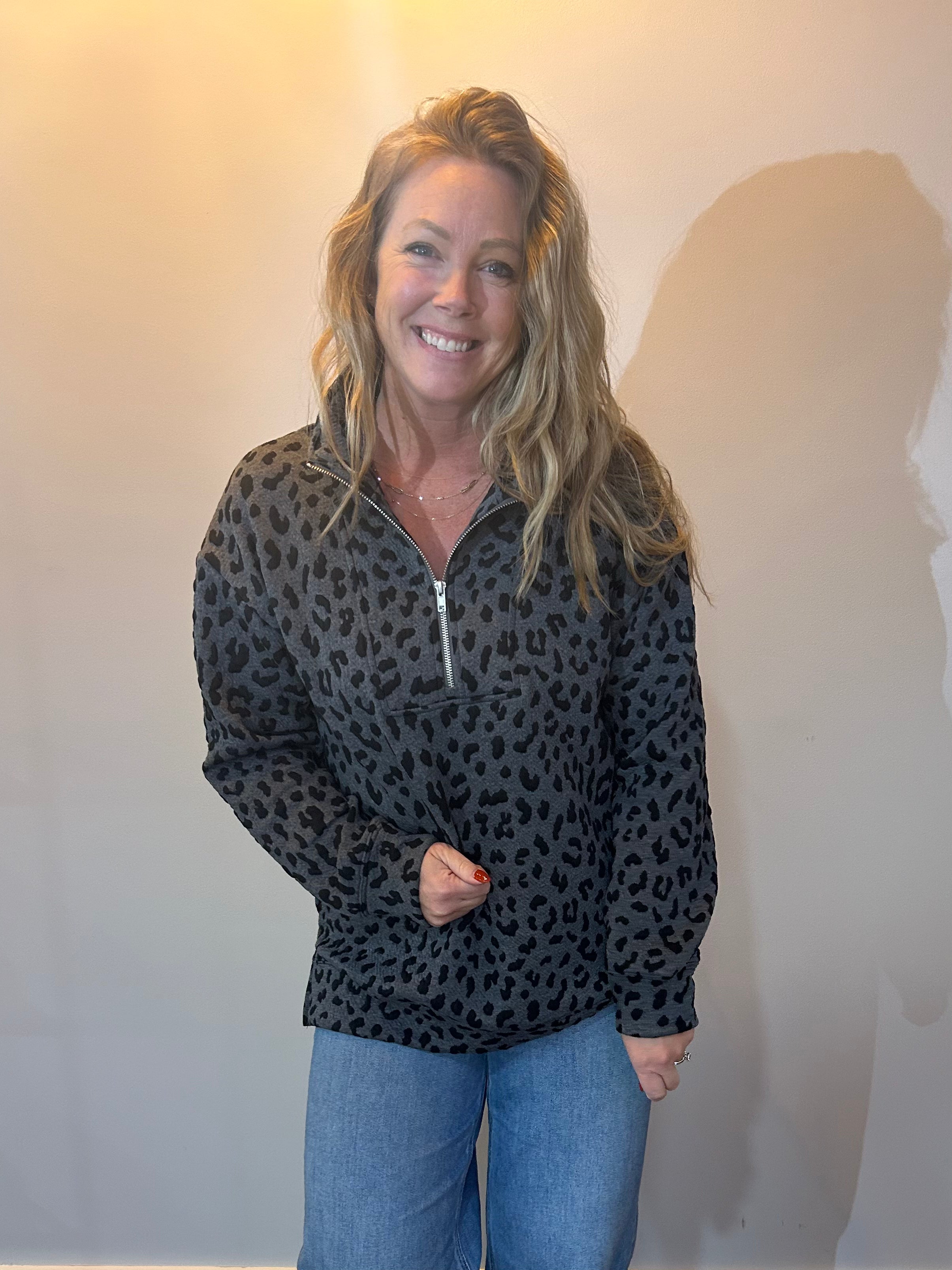 Shadow Cheetah Quarter-Zip Pullover — Grey