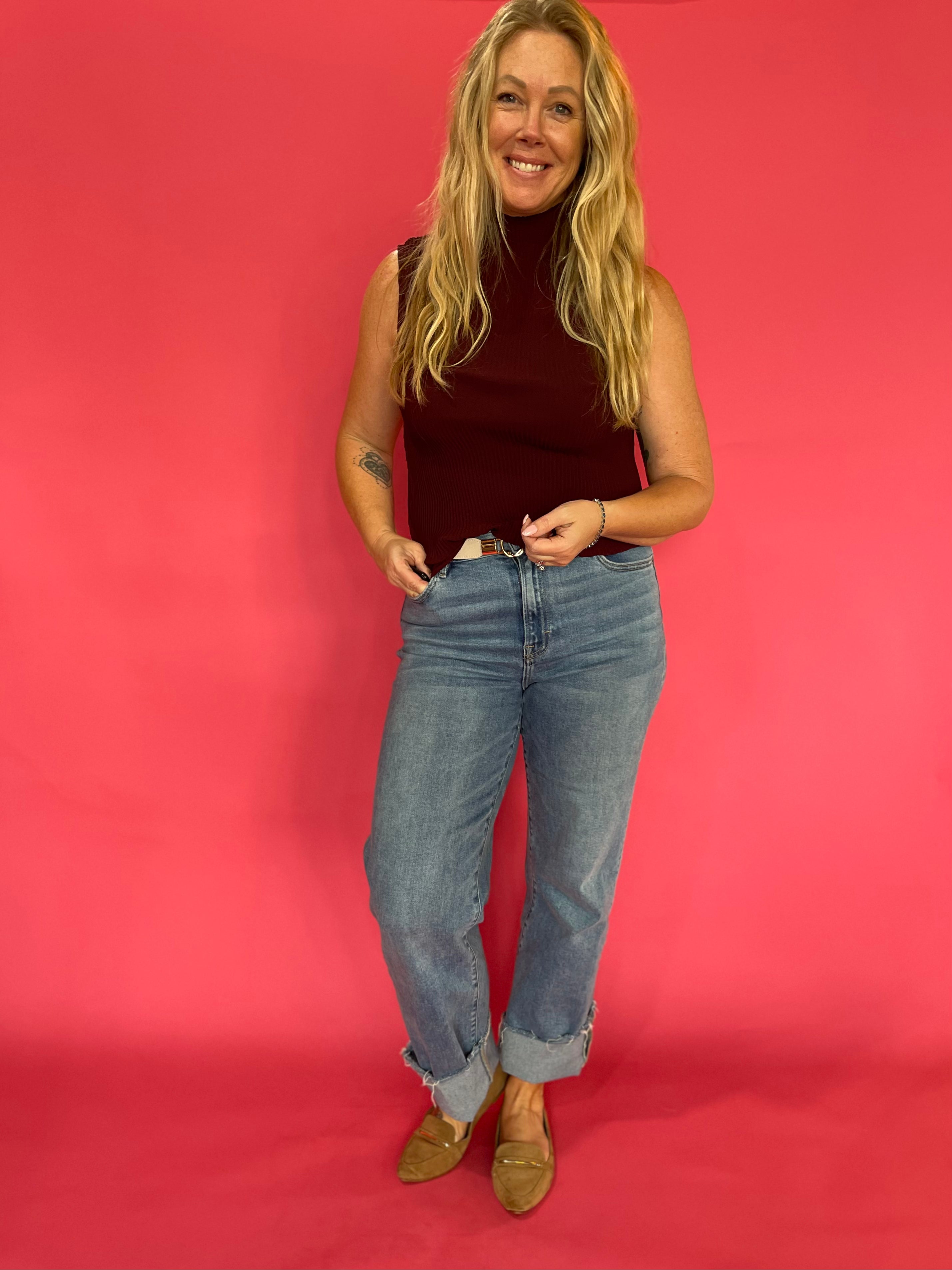 Sheer Genius Plisse Mock Neck Blouse in Oxblood