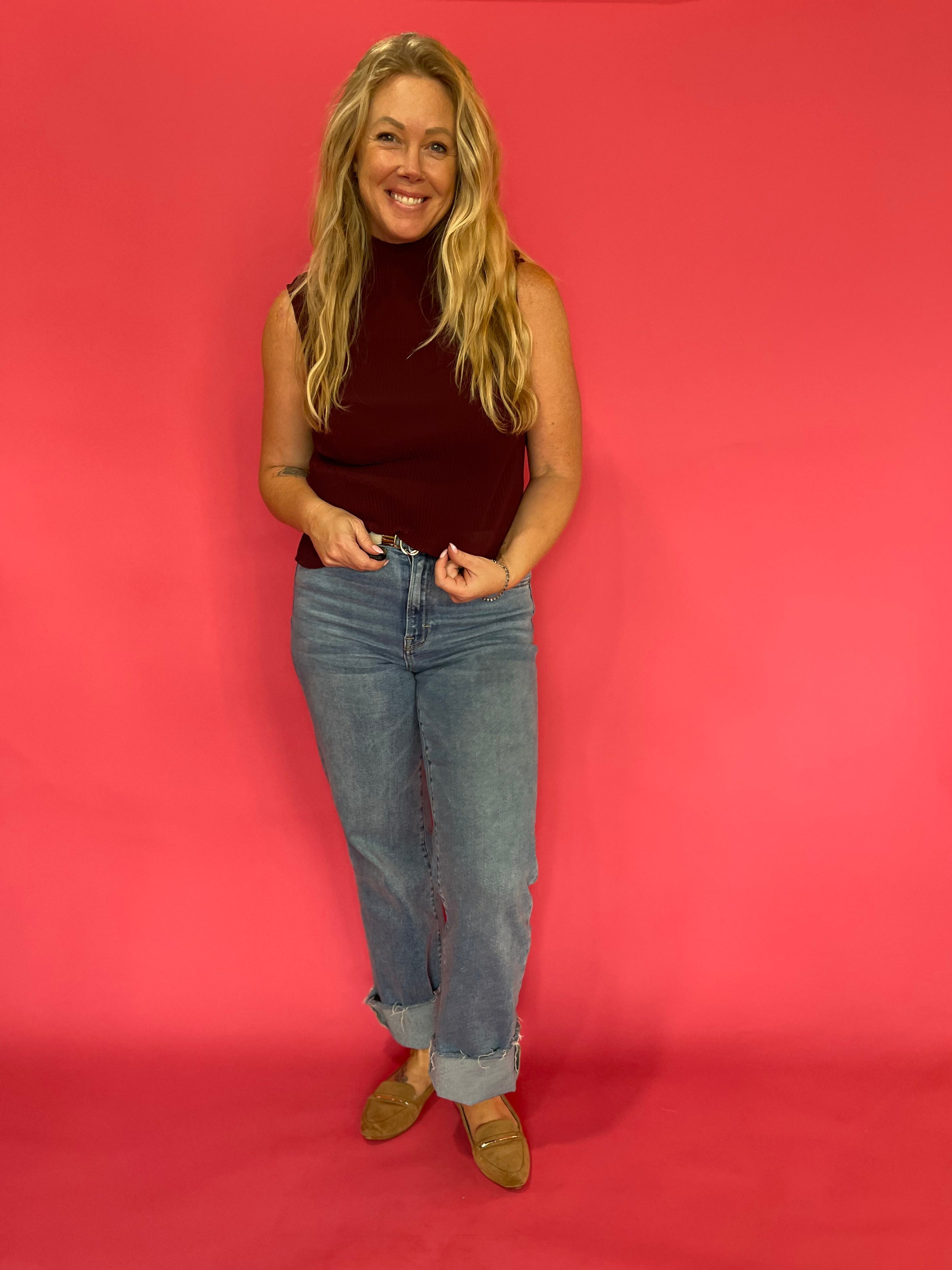 Sheer Genius Plisse Mock Neck Blouse in Oxblood