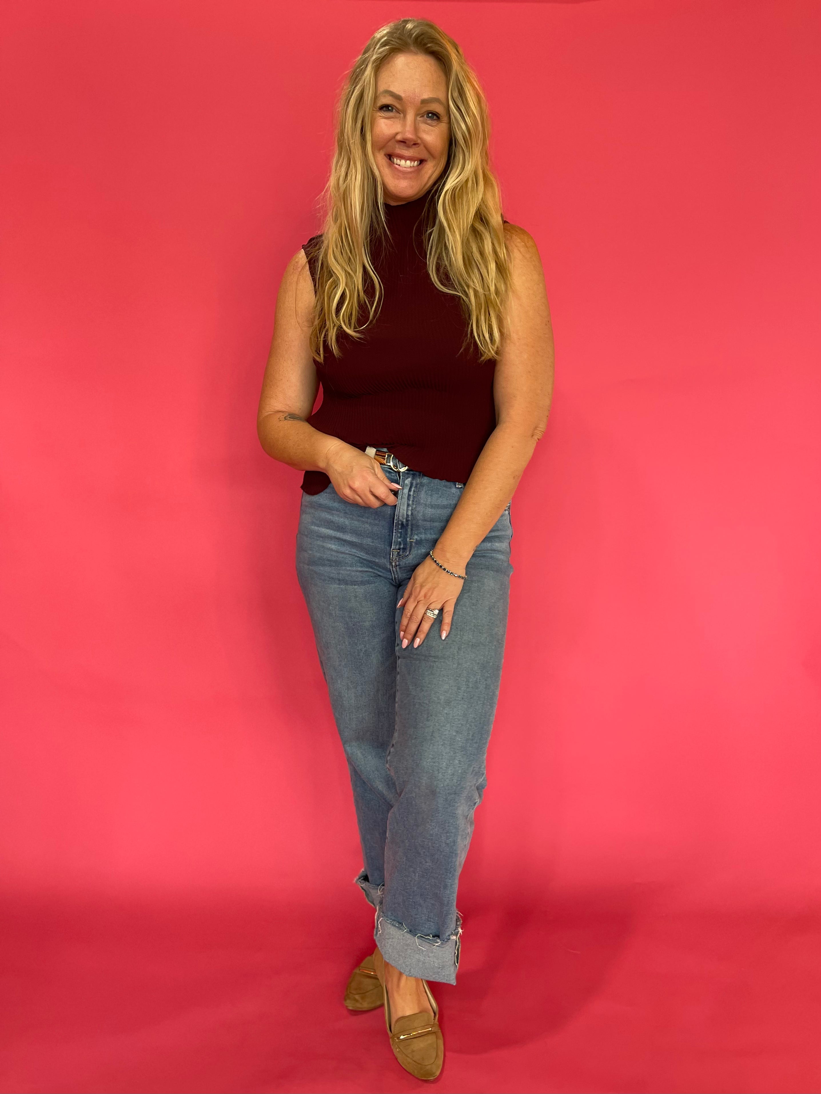 Sheer Genius Plisse Mock Neck Blouse in Oxblood