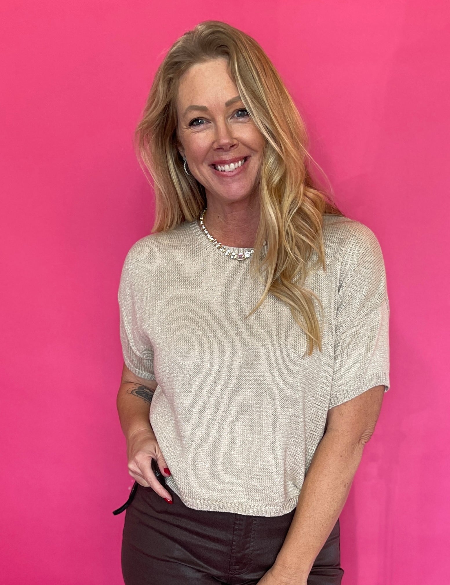 Short Sleeve Boxy Knit Top in Oatmeal