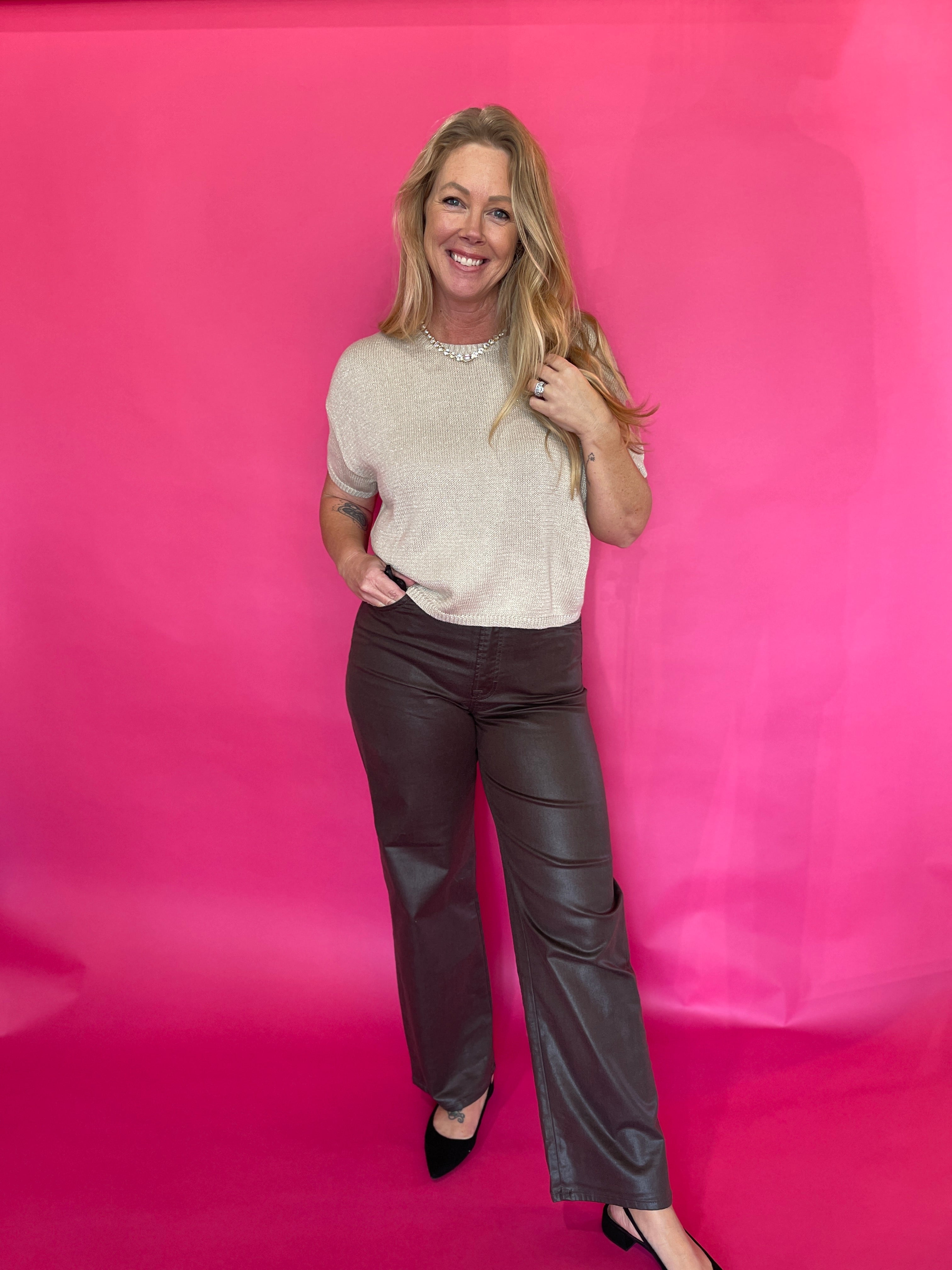 Short Sleeve Boxy Knit Top in Oatmeal