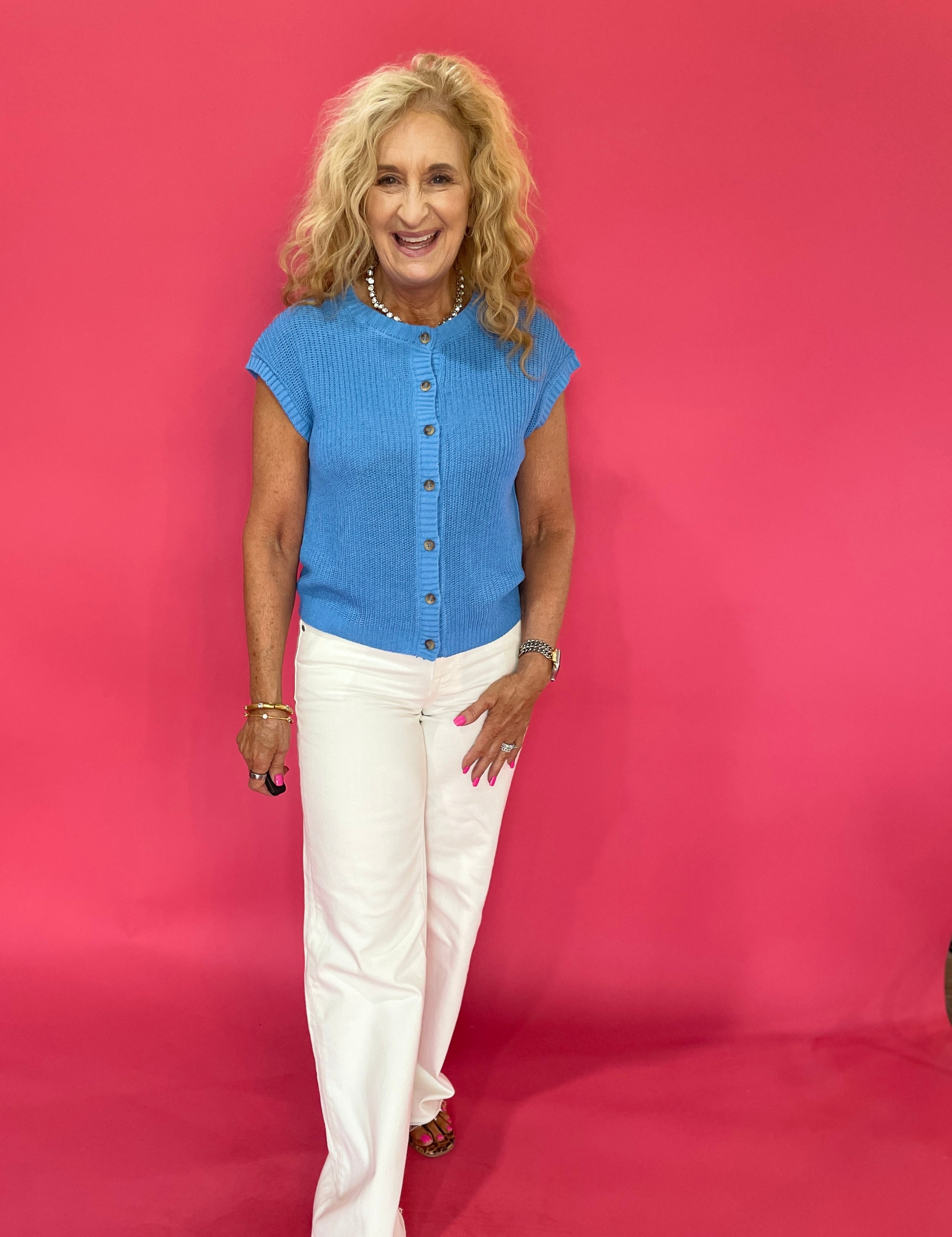 Short Sleeve Button-Down Knit Cardigan Vest in Blue - Shabby 2 Chic Boutiques