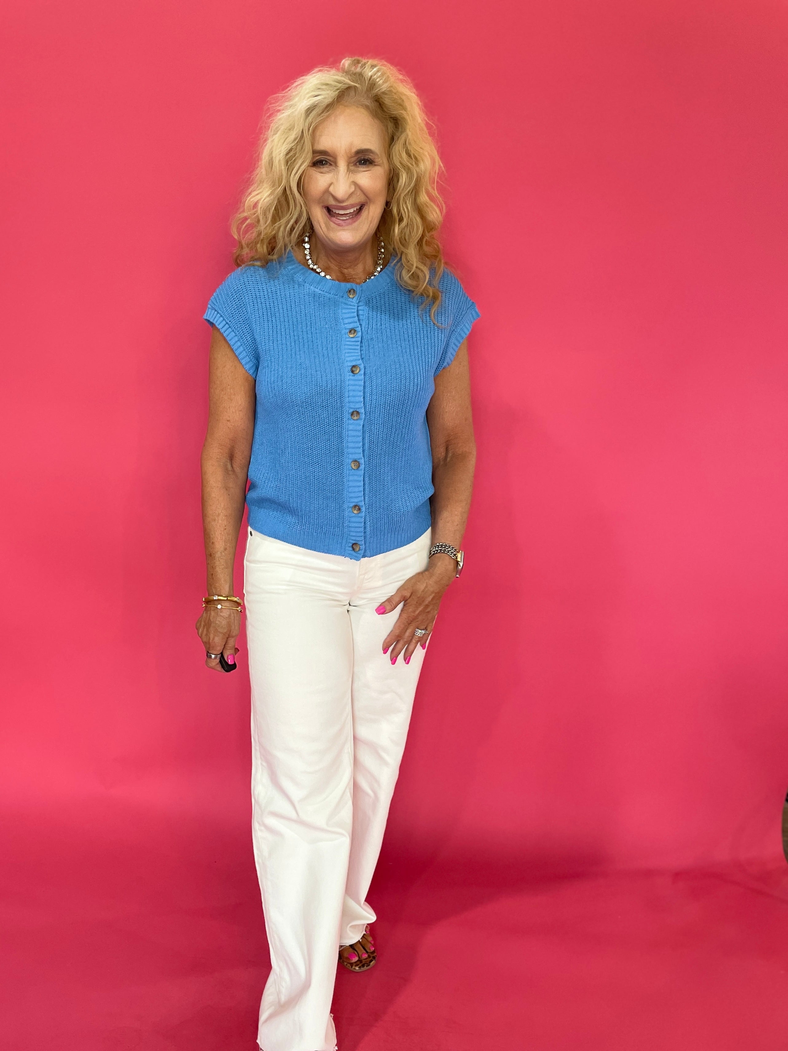 Short Sleeve Button-Down Knit Cardigan Vest in Blue - Shabby 2 Chic Boutiques
