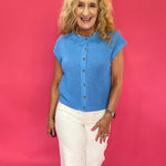 Short Sleeve Button-Down Knit Cardigan Vest in Blue - Shabby 2 Chic Boutiques