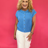 Short Sleeve Button-Down Knit Cardigan Vest in Blue - Shabby 2 Chic Boutiques