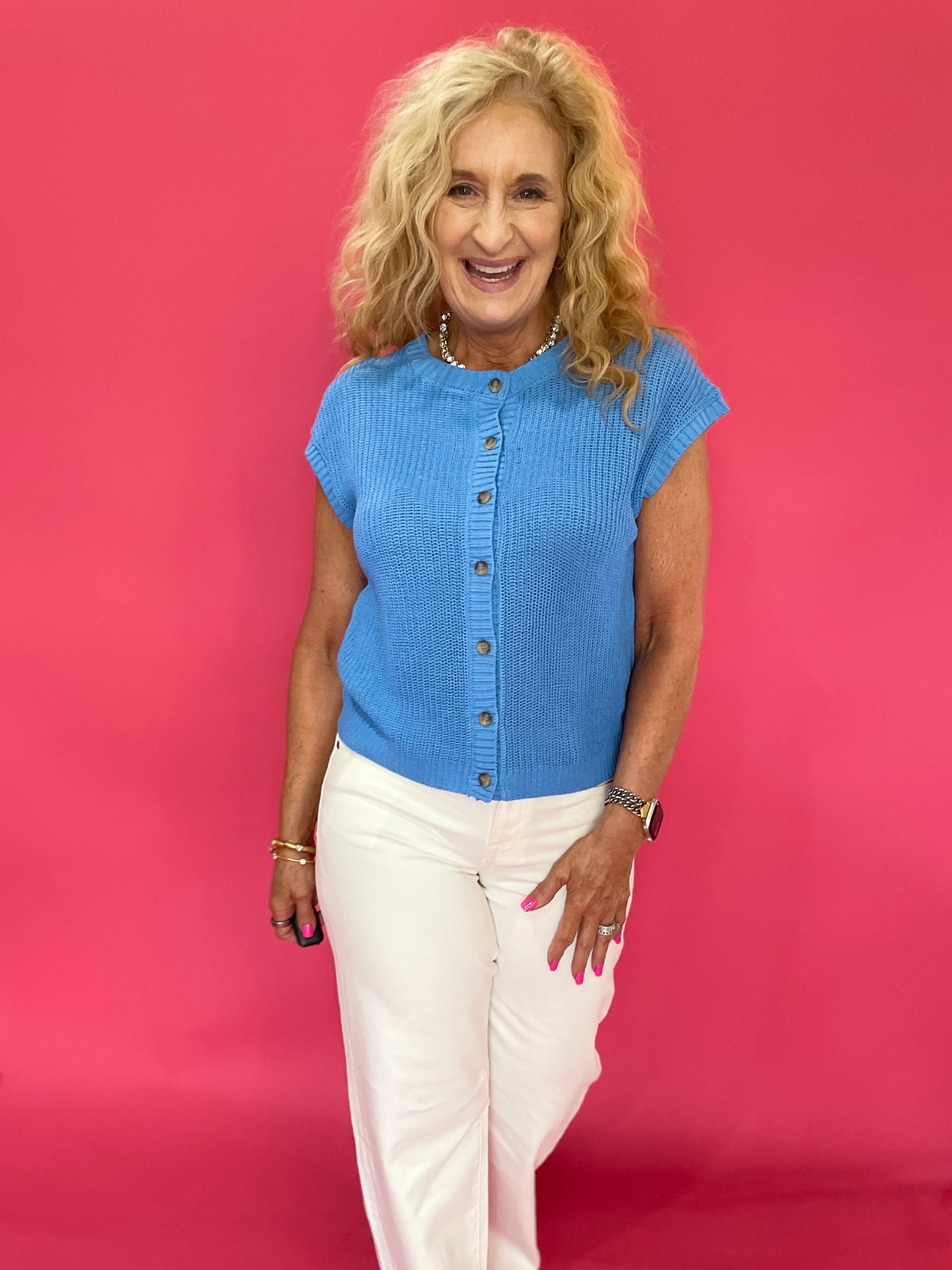 Short Sleeve Button-Down Knit Cardigan Vest in Blue - Shabby 2 Chic Boutiques