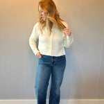 Back view of the straight leg jeans showing the 11 inch high rise waist and straight leg