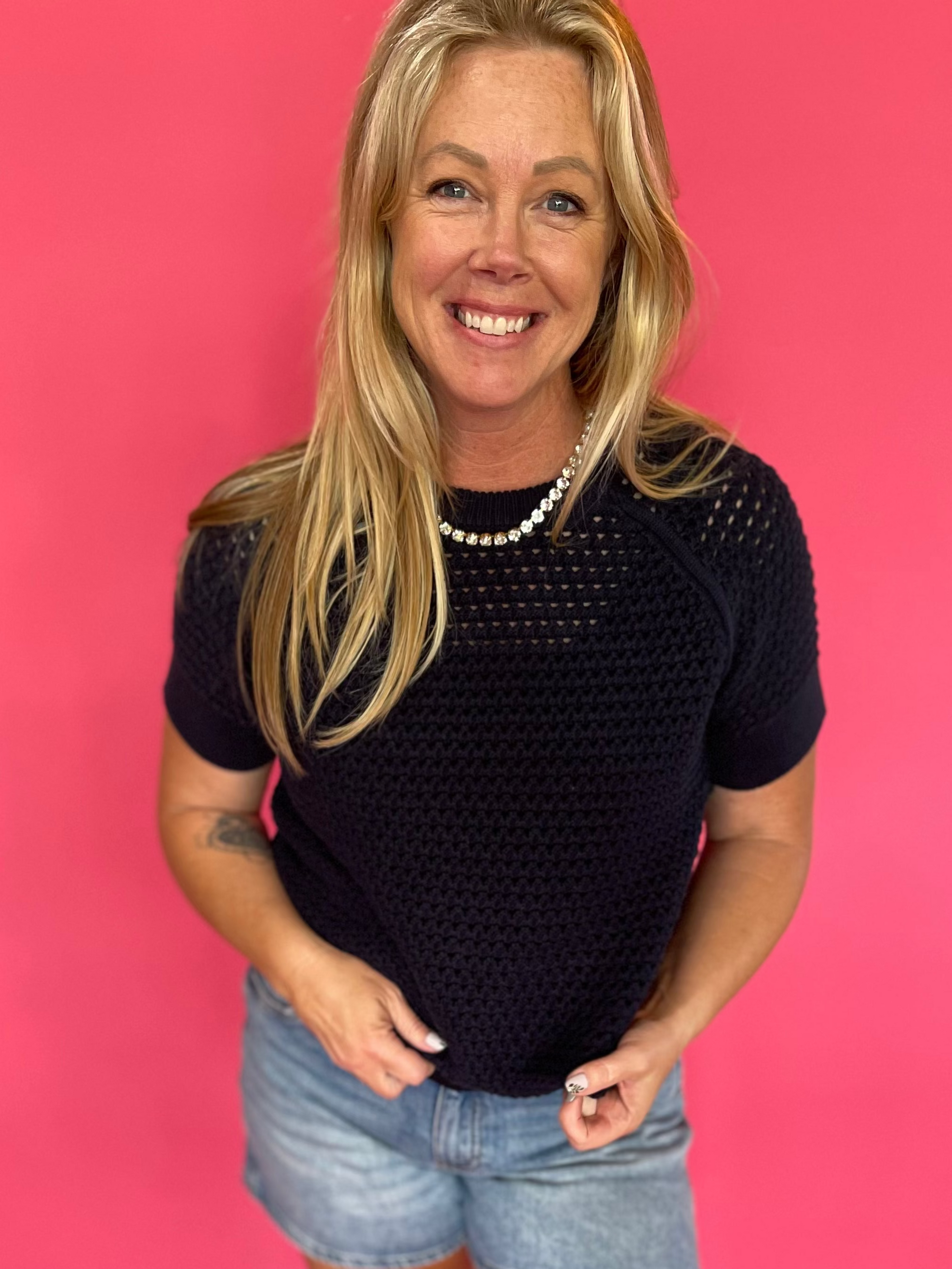Navy textured cotton short-sleeve pullover knit top with a relaxed fit – Shabby 2 Chic Boutiques