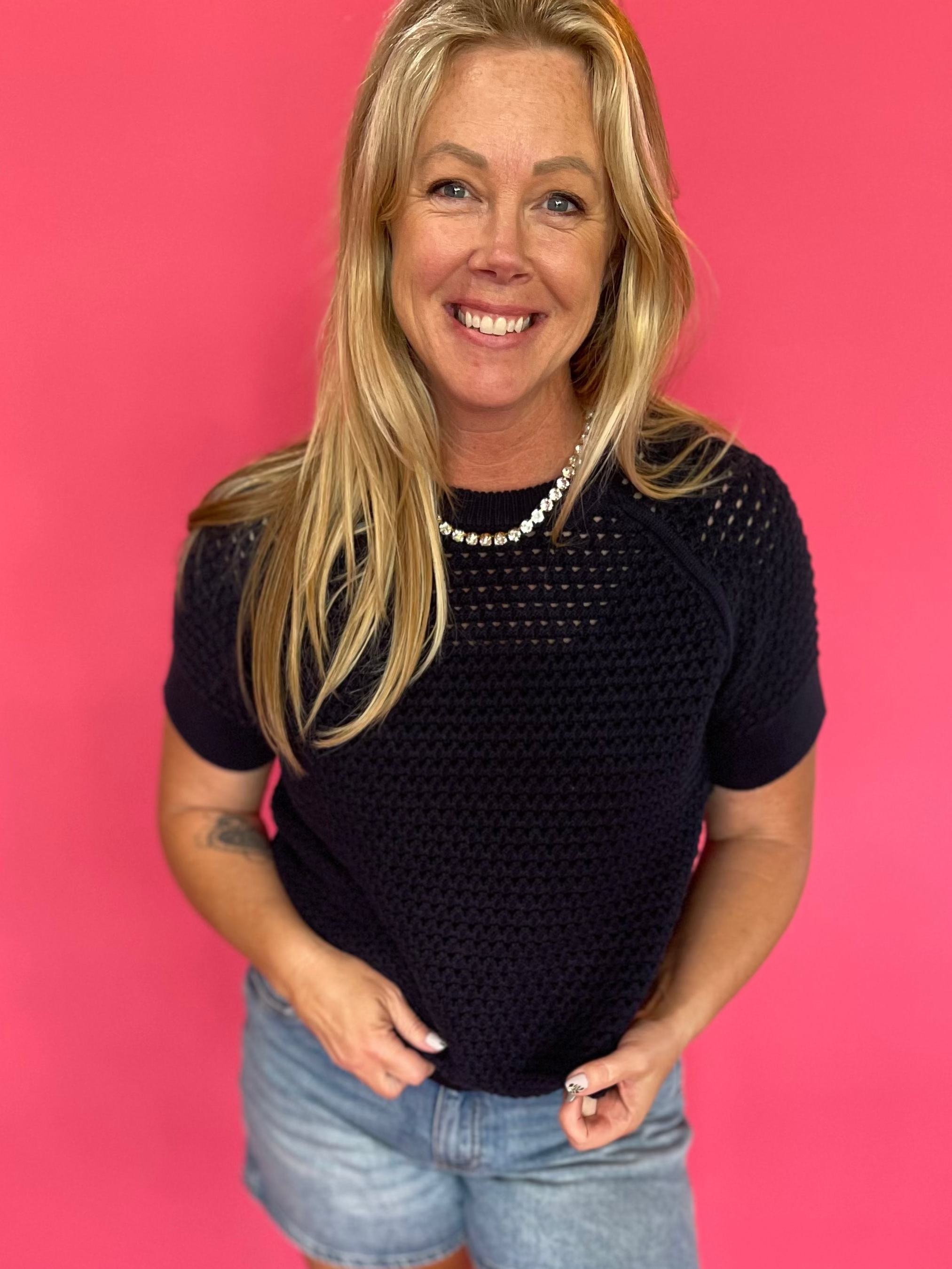 Navy textured cotton short-sleeve pullover knit top with a relaxed fit – Shabby 2 Chic Boutiques