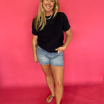 Navy textured cotton short-sleeve pullover knit top with a relaxed fit – Shabby 2 Chic Boutiques