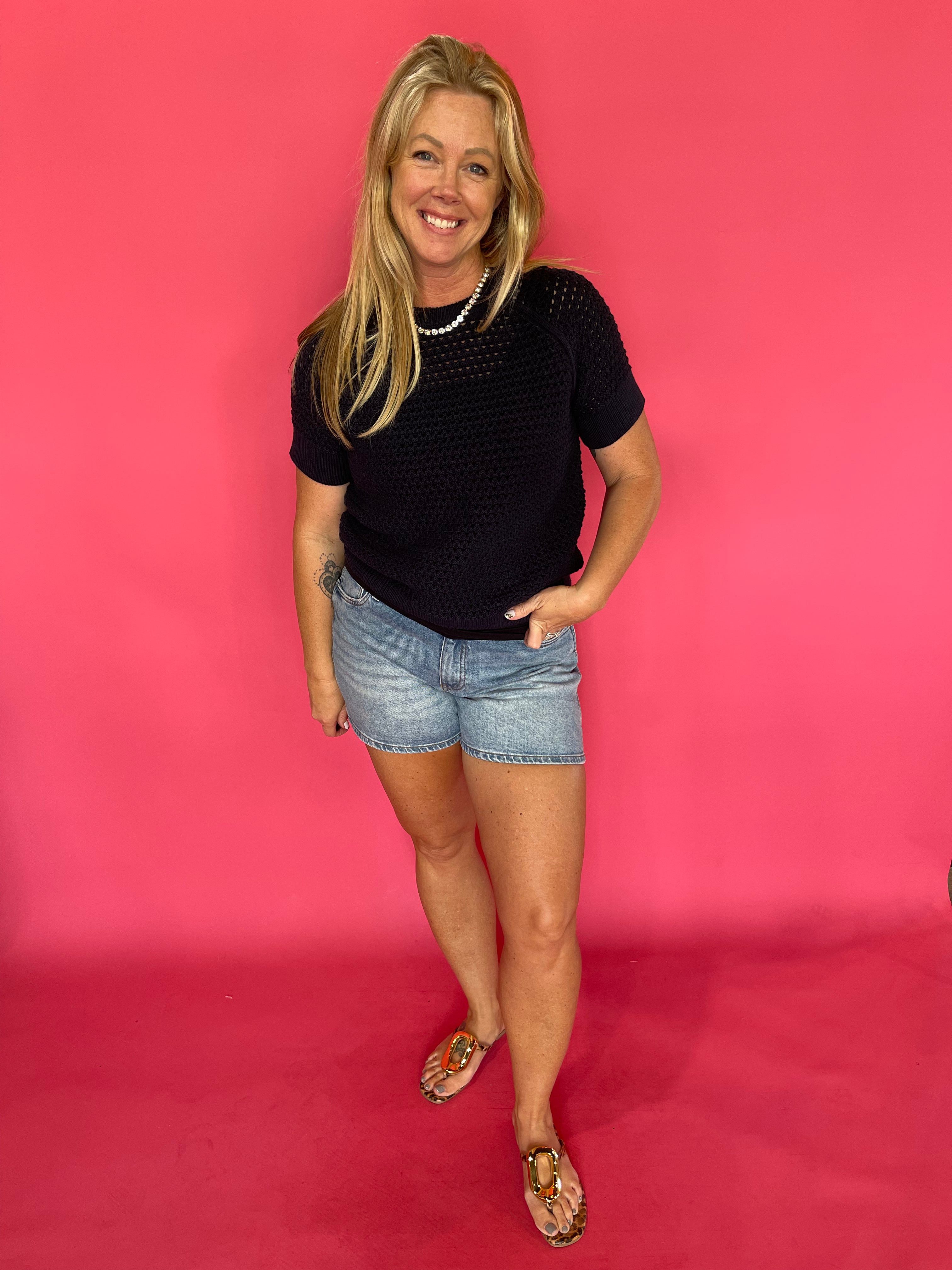 Navy textured cotton short-sleeve pullover knit top with a relaxed fit – Shabby 2 Chic Boutiques