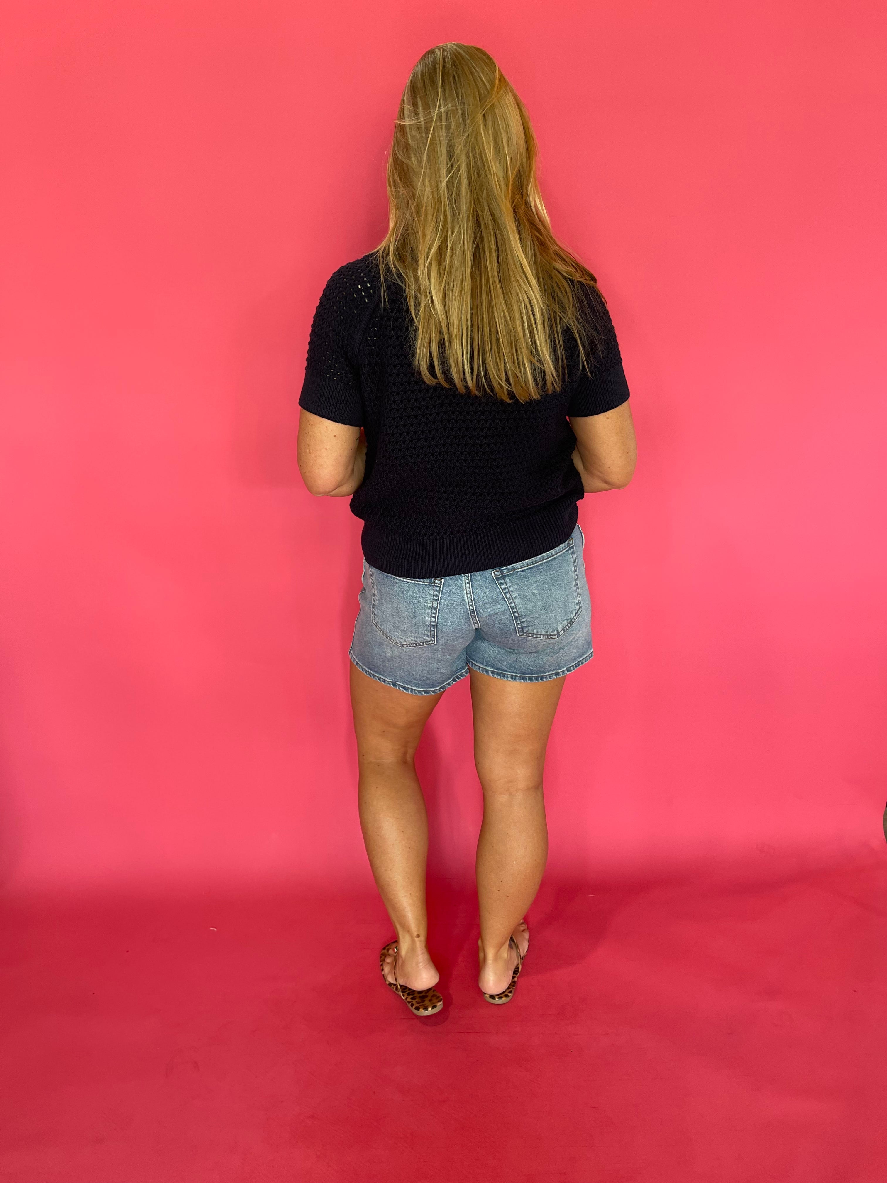 Navy textured cotton short-sleeve pullover knit top with a relaxed fit – Shabby 2 Chic Boutiques