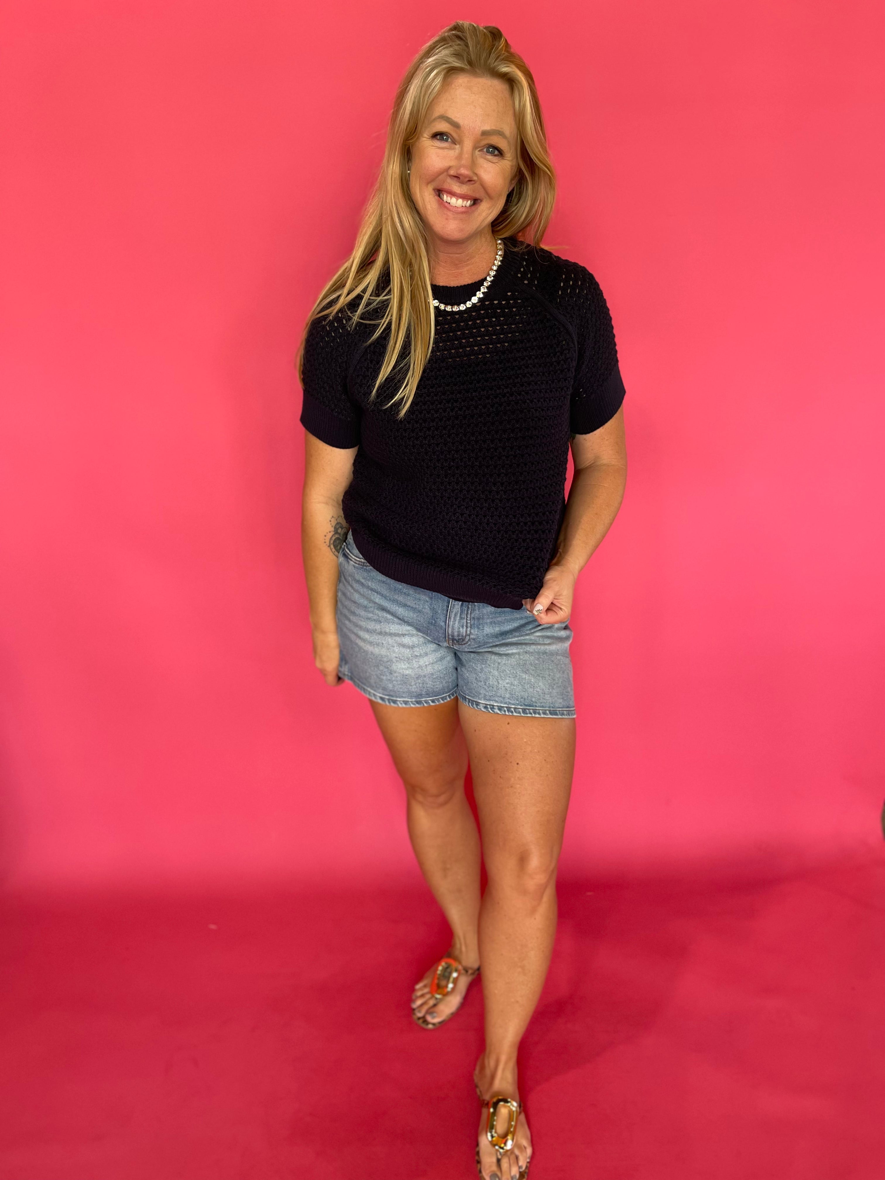 Navy textured cotton short-sleeve pullover knit top with a relaxed fit – Shabby 2 Chic Boutiques