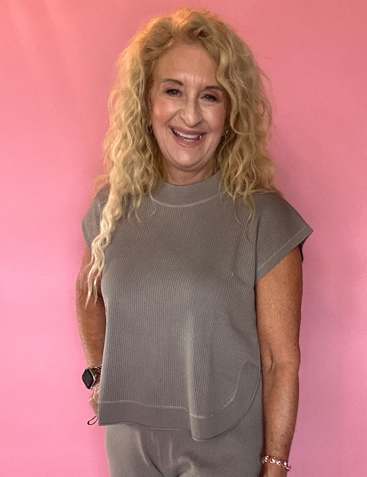 Simply Soft Cap-Sleeve Knit Top in Taupe Grey