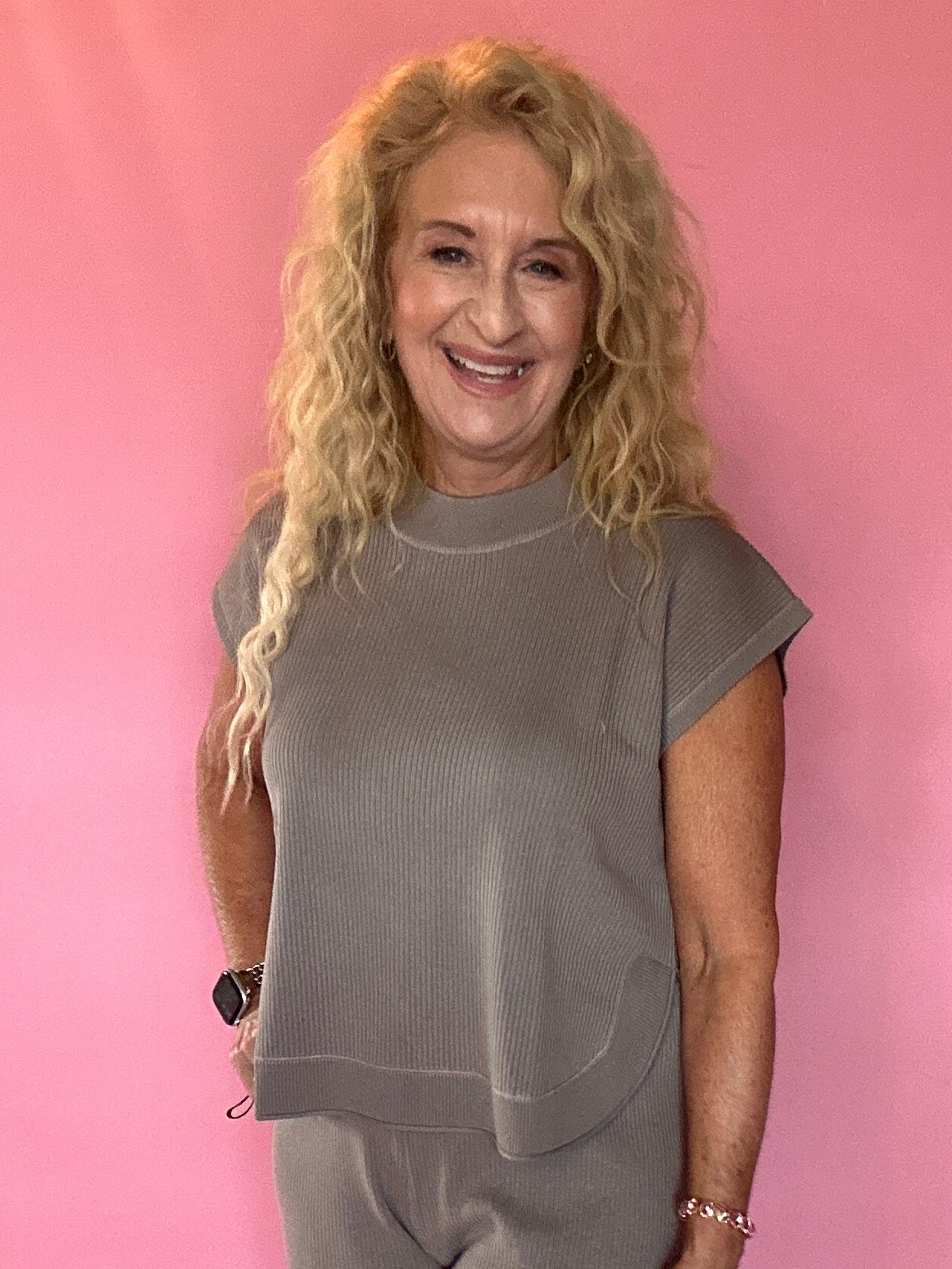 Simply Soft Cap-Sleeve Knit Top in Taupe Grey