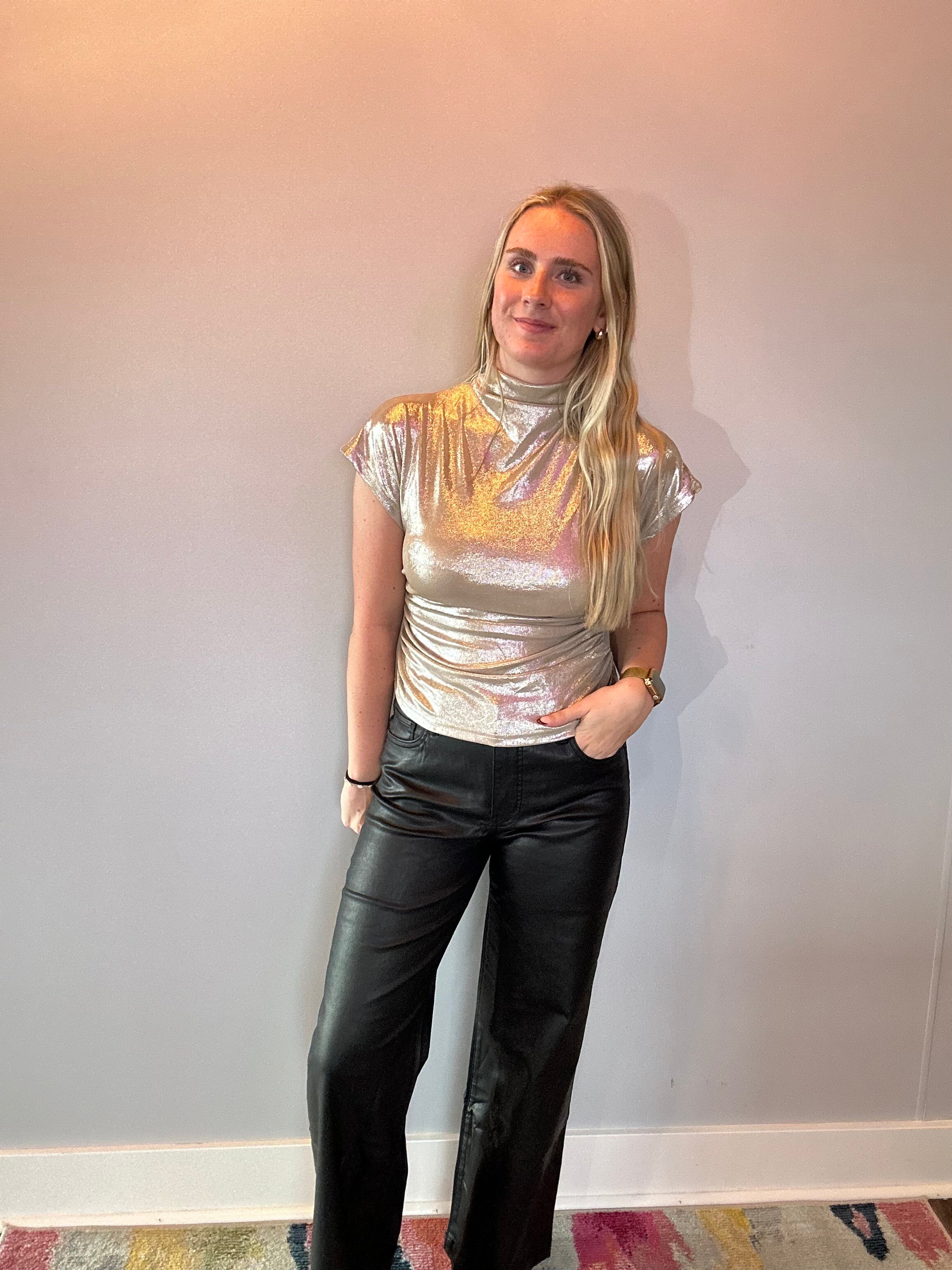 Sleek Celebration Ruched Mock Neck Top in Champagne