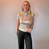 Sleek Celebration Ruched Mock Neck Top in Champagne