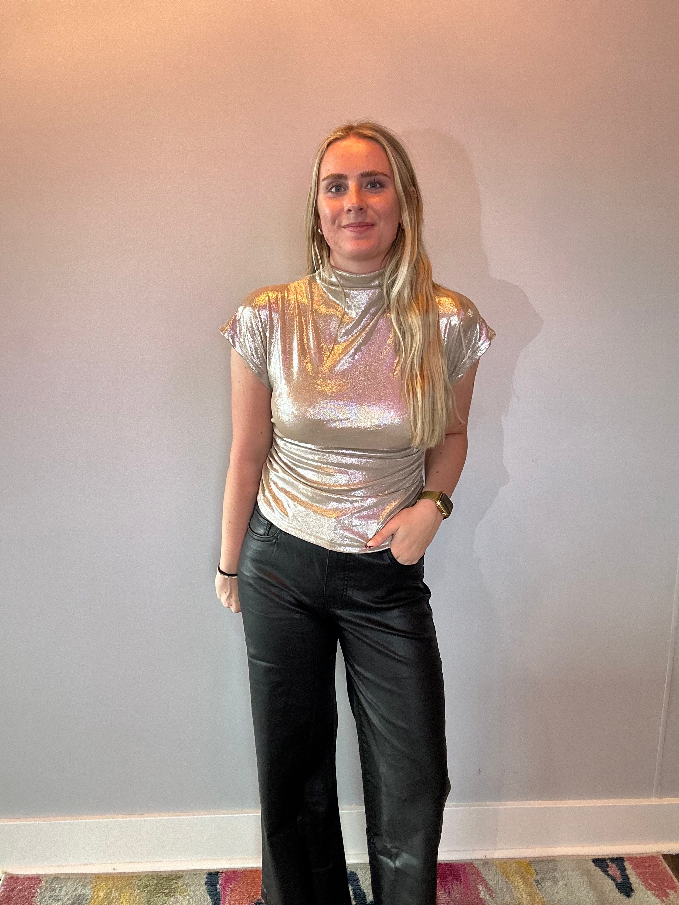 Sleek Celebration Ruched Mock Neck Top in Champagne