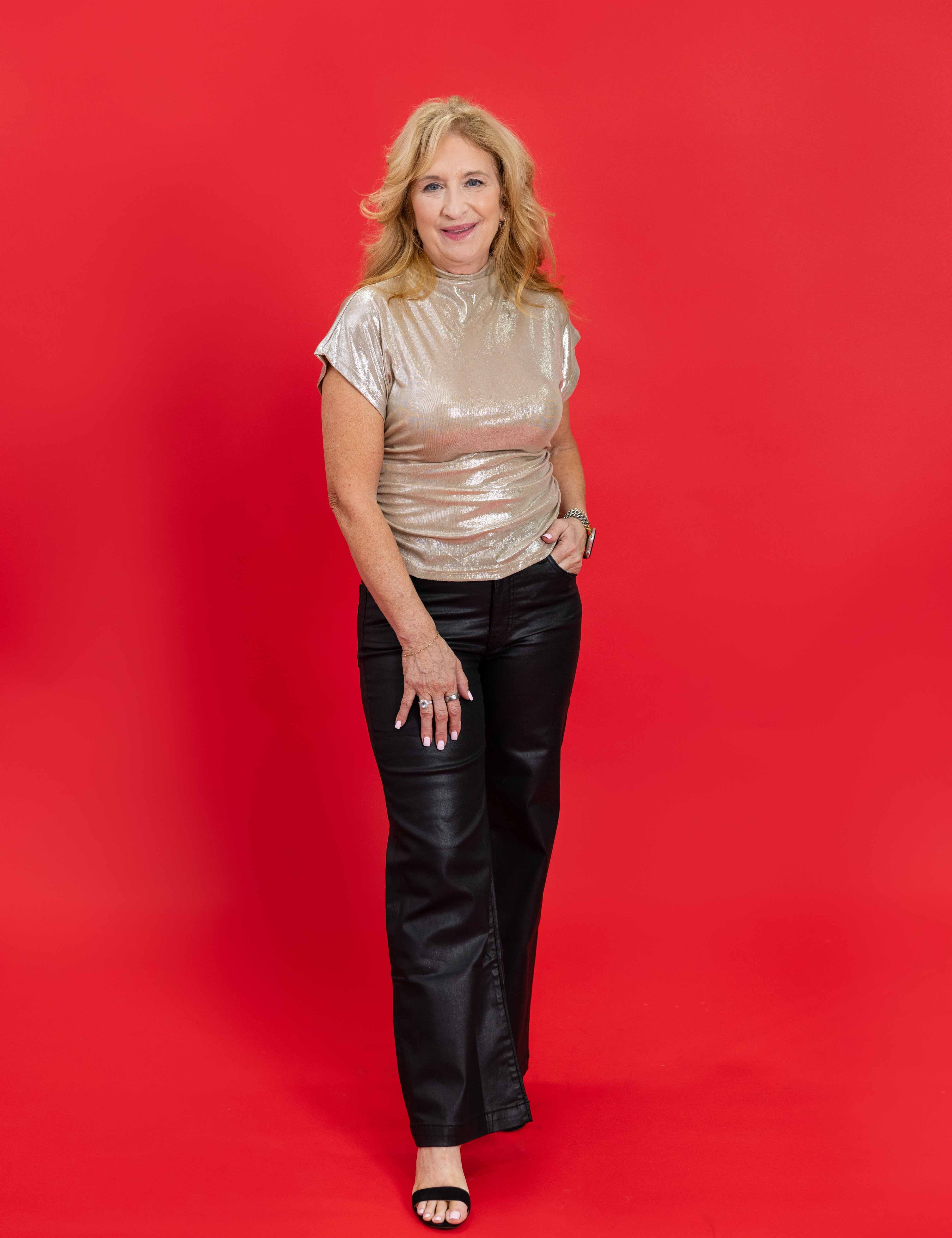 Sleek Celebration Ruched Mock Neck Top in Champagne