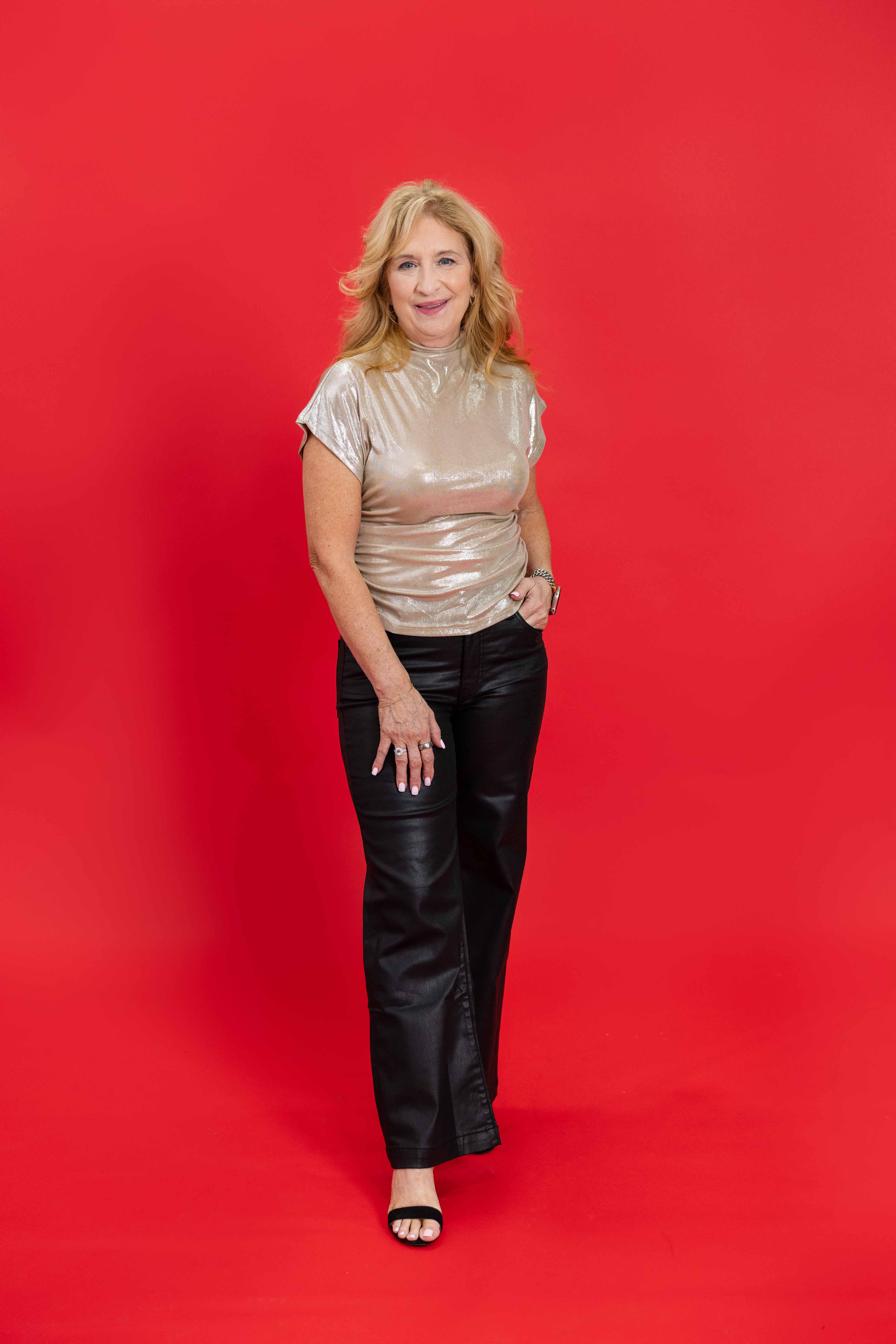 Sleek Celebration Ruched Mock Neck Top in Champagne