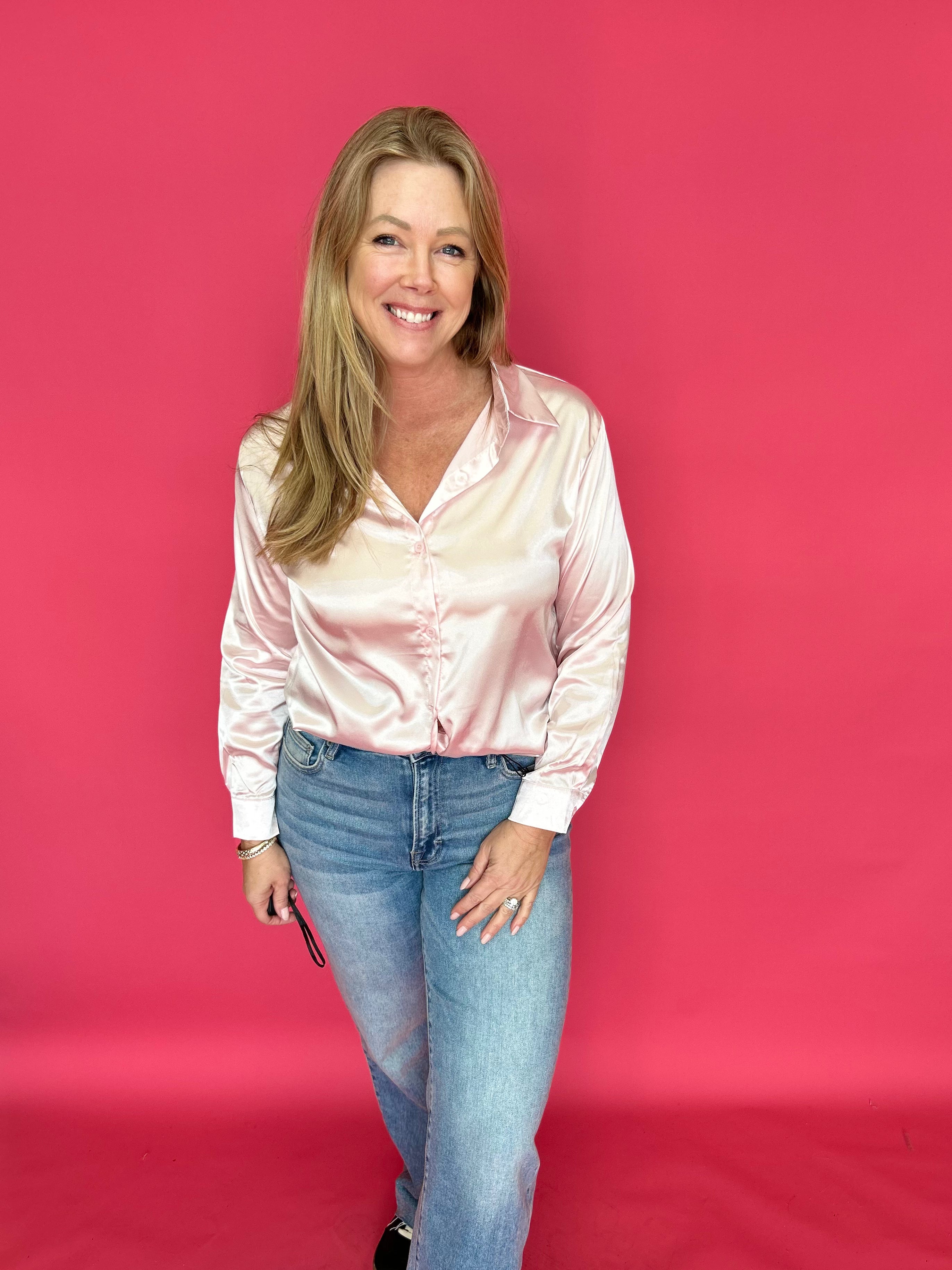 Sleek Satin Long Sleeve Button-Up Shirt in Pink