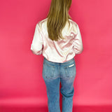 Sleek Satin Long Sleeve Button-Up Shirt in Pink