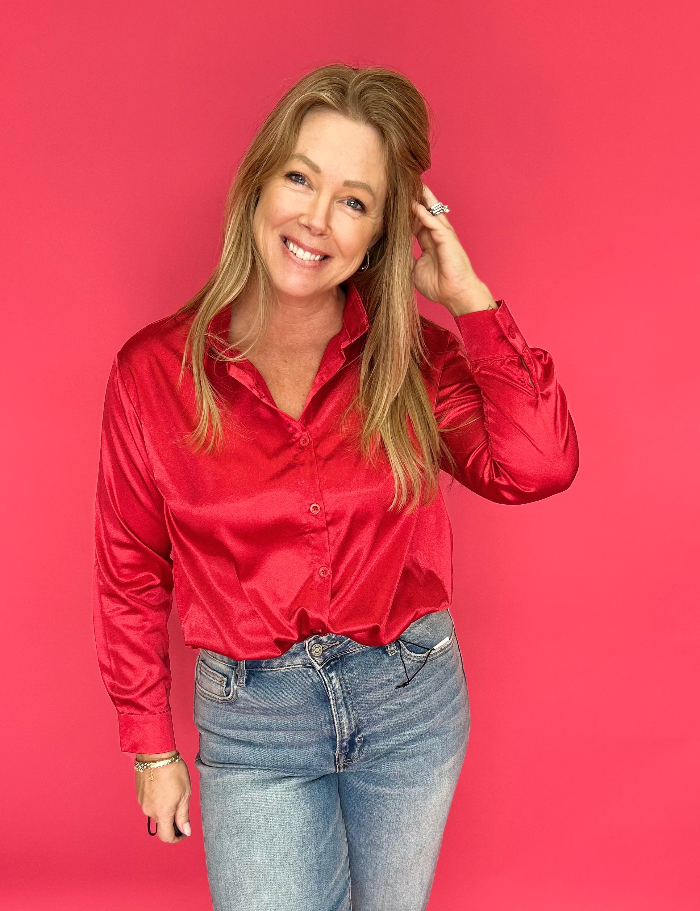 Sleek Satin Long Sleeve Button-Up Shirt in Red